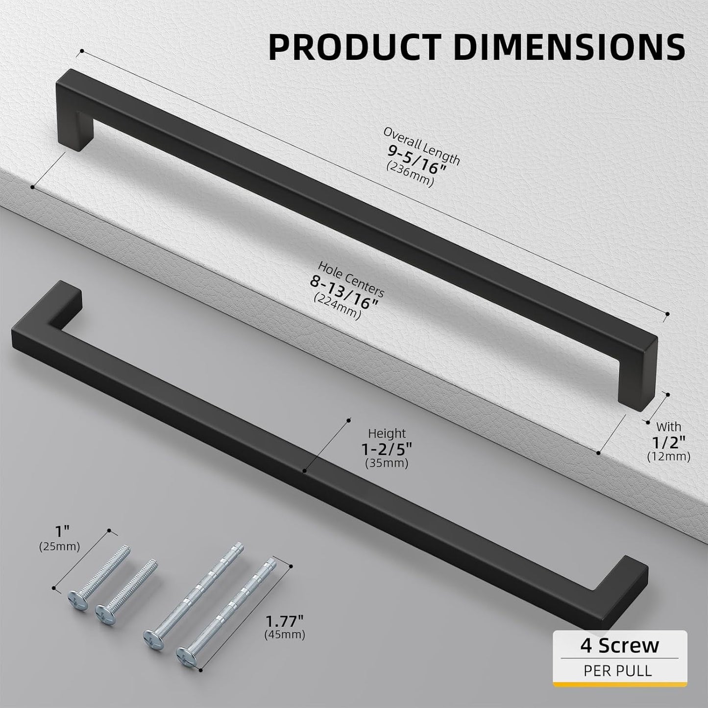 goldenwarm Black Matte Cabinet Pulls Kitchen Bathroom Door Drawer Closet Hardware Handles, LSJ12BK224, 50 Pack 8 4/5 Inch in Hole Black Pull, Flat Square Bar Modern Drawer Handle