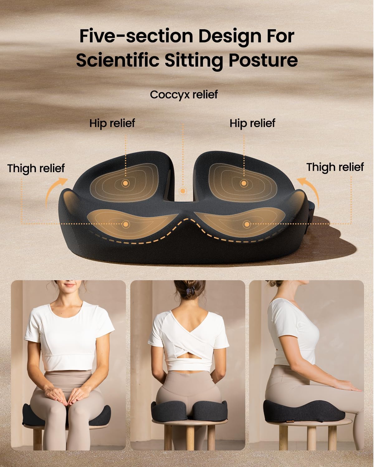 ProtoArc Seat Cushion, Office Chair Cushion for Sciatica, Coccyx Cushion, Ergonomic Memory Foam Seat Cushion for Car, Home, Pressure Relief Pad for Hip, Tailbone, All Day Comfort - Black