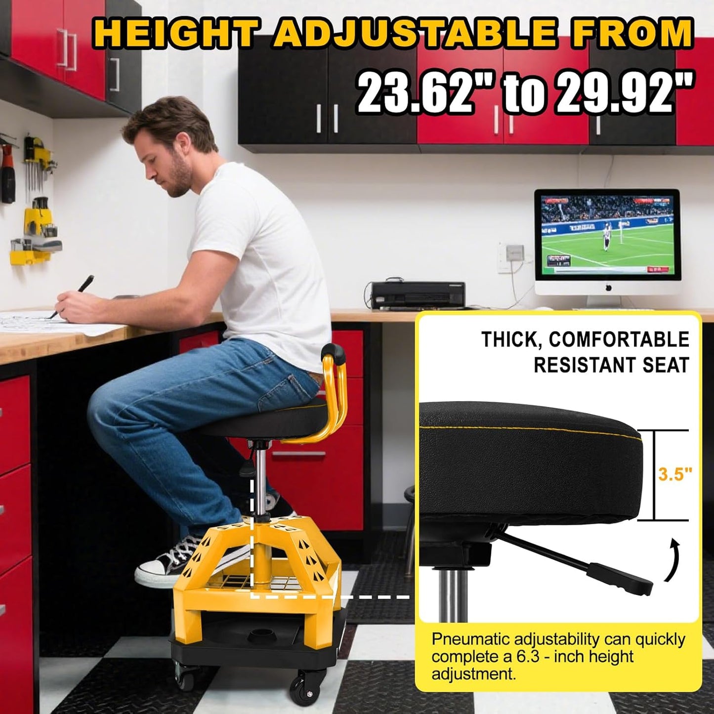 Rolling Shop Stool with Wheels, Heavy Duty Garage Work Mechanic Stool with Backrest, Adjustable Height 360°Swivel Rolling Chair with Tool Tray Storage, 330 LBS Capacity, Yellow
