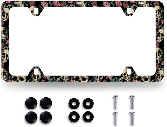 Skulls Flowers License Plate Frame Colorful Skull License Plate Stainless Steel Funny Accessories Cars Decor 12.2 X 6.2 Inch with 4 Holes and Screws Fits Standard Us Ca Vehicles