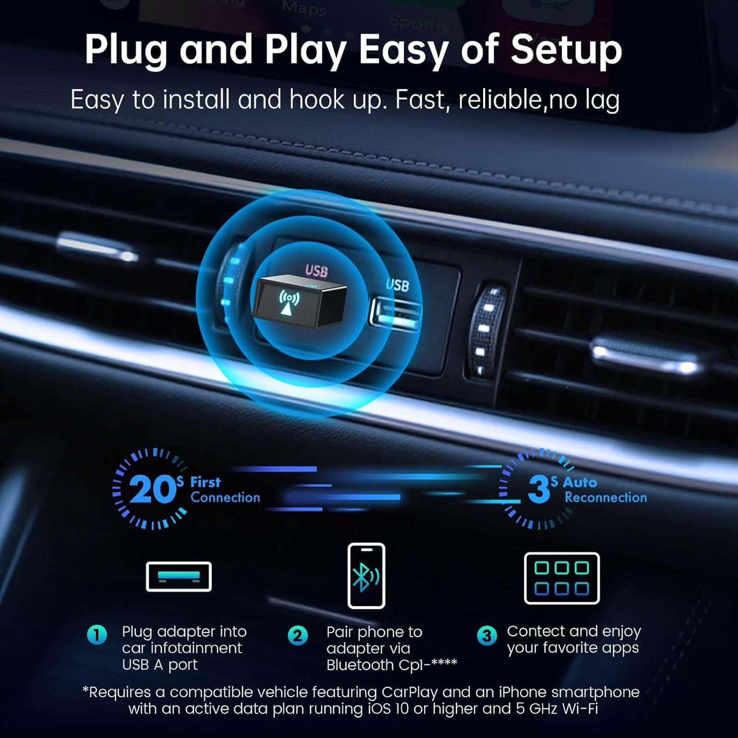 Carplay Wireless Adapter for Apple iPhone - Convert Wired to Wireless Bluetooth Car Play Adapters for Cars from 2016 and iOS 10+, No Latency,Plug and Play Easy Use, Mini USB Type A Black