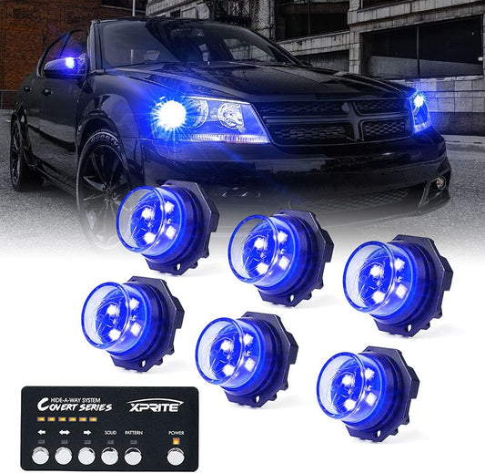 Xprite Blue LED Hideaway Strobe Police Lights Kit, 20 Flashing w/Control Panel Headlights Taillights Mounting, Hazard Warning for Emergency POV Vehicles Volunteer Cars Trucks SUV 6PCS