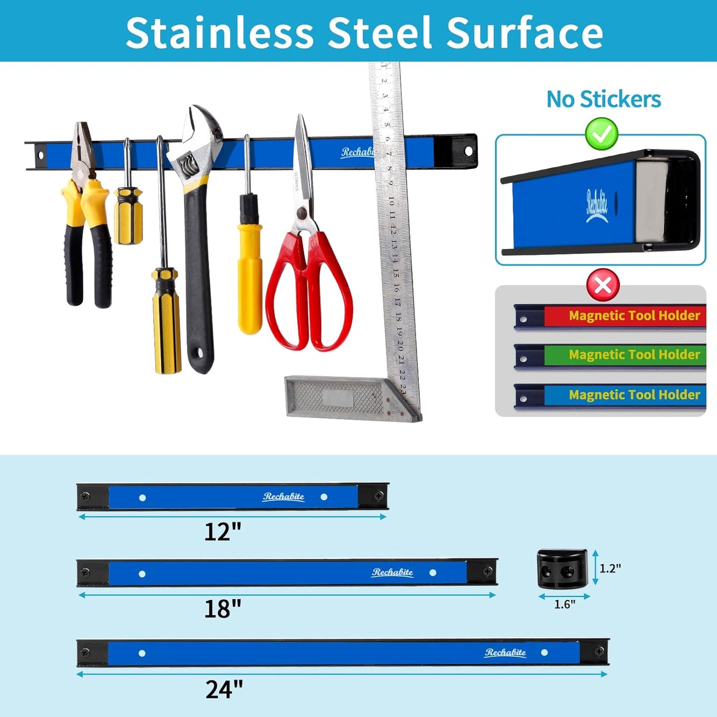 4 Pieces 24" Magnetic Tool Holder Strip, Blue Magnet Bar, Metal Tool Organizer Rack for Garage Organization, Easy To Install in Workshop, Mounting Screws Included