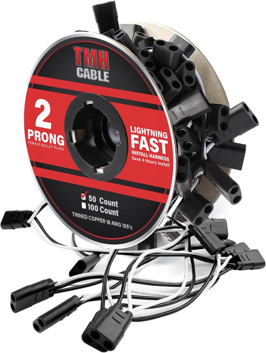 TMH 50 Count 2-Prong Wire Harness Roll Double Female Bullet Plug 18 Gauge - 6.5" Spacing for LED Marker Clearance Lights Hassle-Free Installation