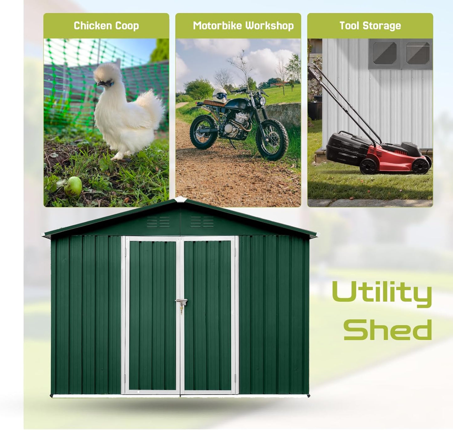 8' x 6' Outdoor Storage Shed, Sturdy Metal Building w/Lockable Doors for Garden, Backyard, Poolside and Lawn, Green