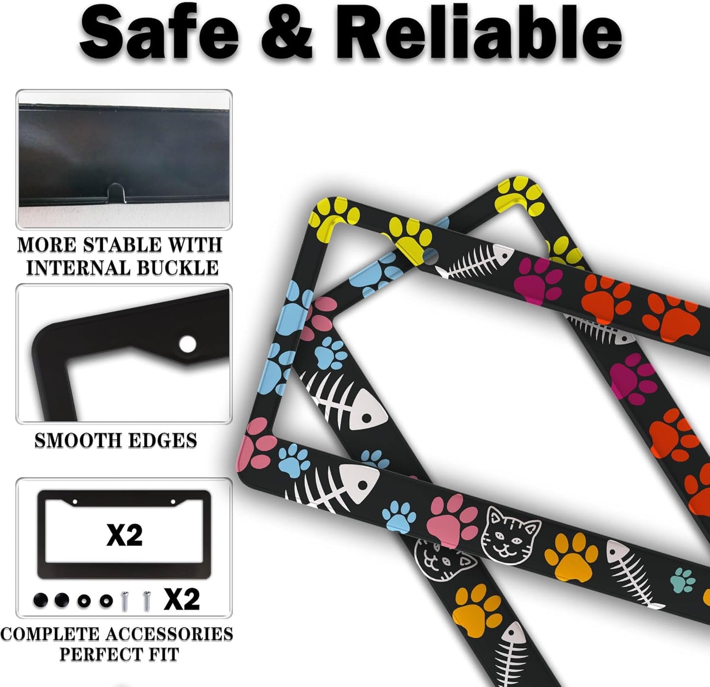 License Plate Frames for Women Multicolor Plate Cover for Car for Men Cat Lover Universal Aluminum Car Accessory 2 Pack with Screw Covers Set
