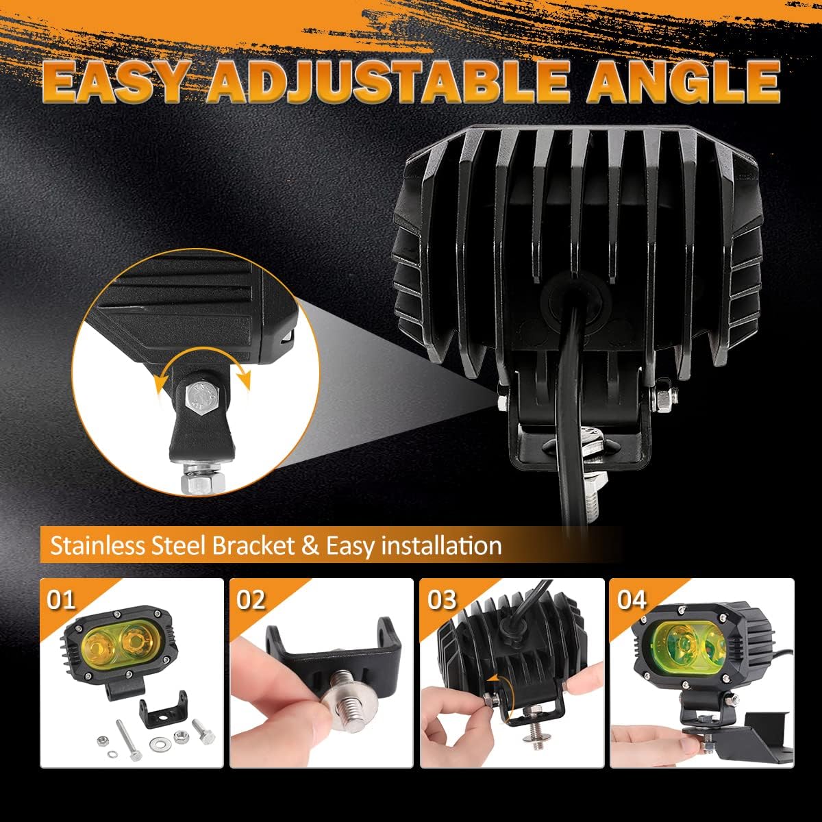 Auxbeam 4 Inch LED Amber Pod Light, 5050 Driving Light 60W Yellow Flood Beam Square Pod Fog Light with DT Wiring Harness for Motorbike SUV ATV Truck Jeep Boat Tractor Forklift (2 Pcs)