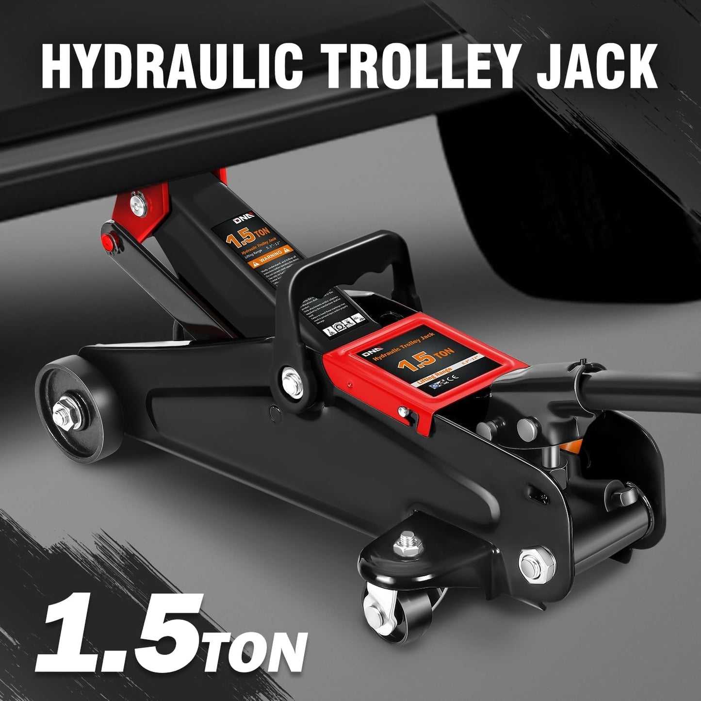 DNA MOTORING Low Profile Hydraulic Trolley Service/Floor Jack, 1.5 Ton (3000 lbs) Capacity, Lifting Range 5.3"-12", Black, TOOLS-00327-BK