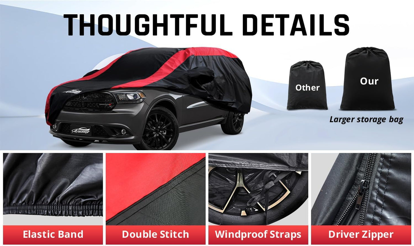Dodge Durango Car Cover Waterproof All Weather with Red Strip Design, Custom Fit for Dodge Durango 2004–2025, Durango Accessory with Door Zipper & Windproof Straps