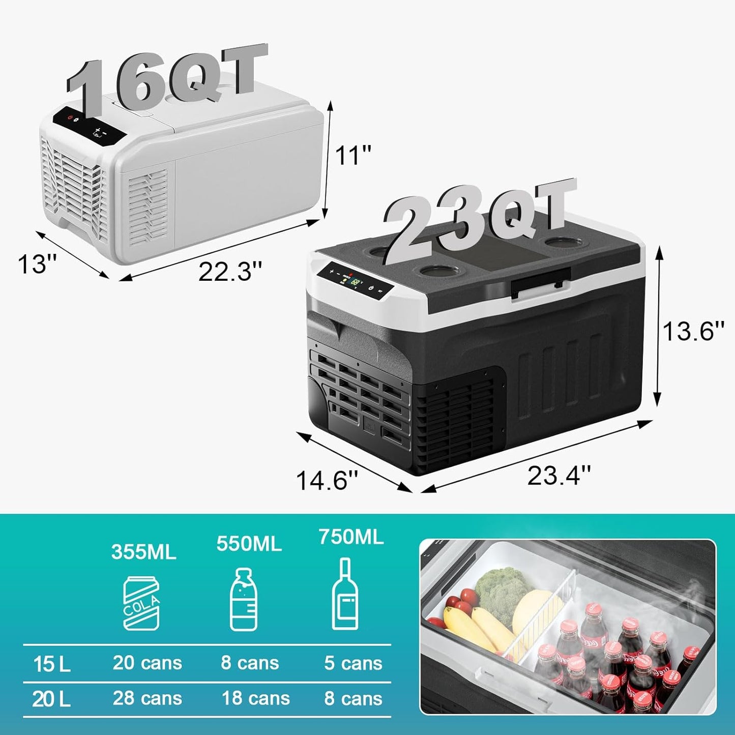 Eeivess 12 Volt Refrigerator, 16QT(15L) Portable Freezer Compressor Cooler, 12/24V DC & 110-240V AC, -4℉~68℉ Dual Mode, Car Fridge for Camping, Travel, Truck, RV, Boat