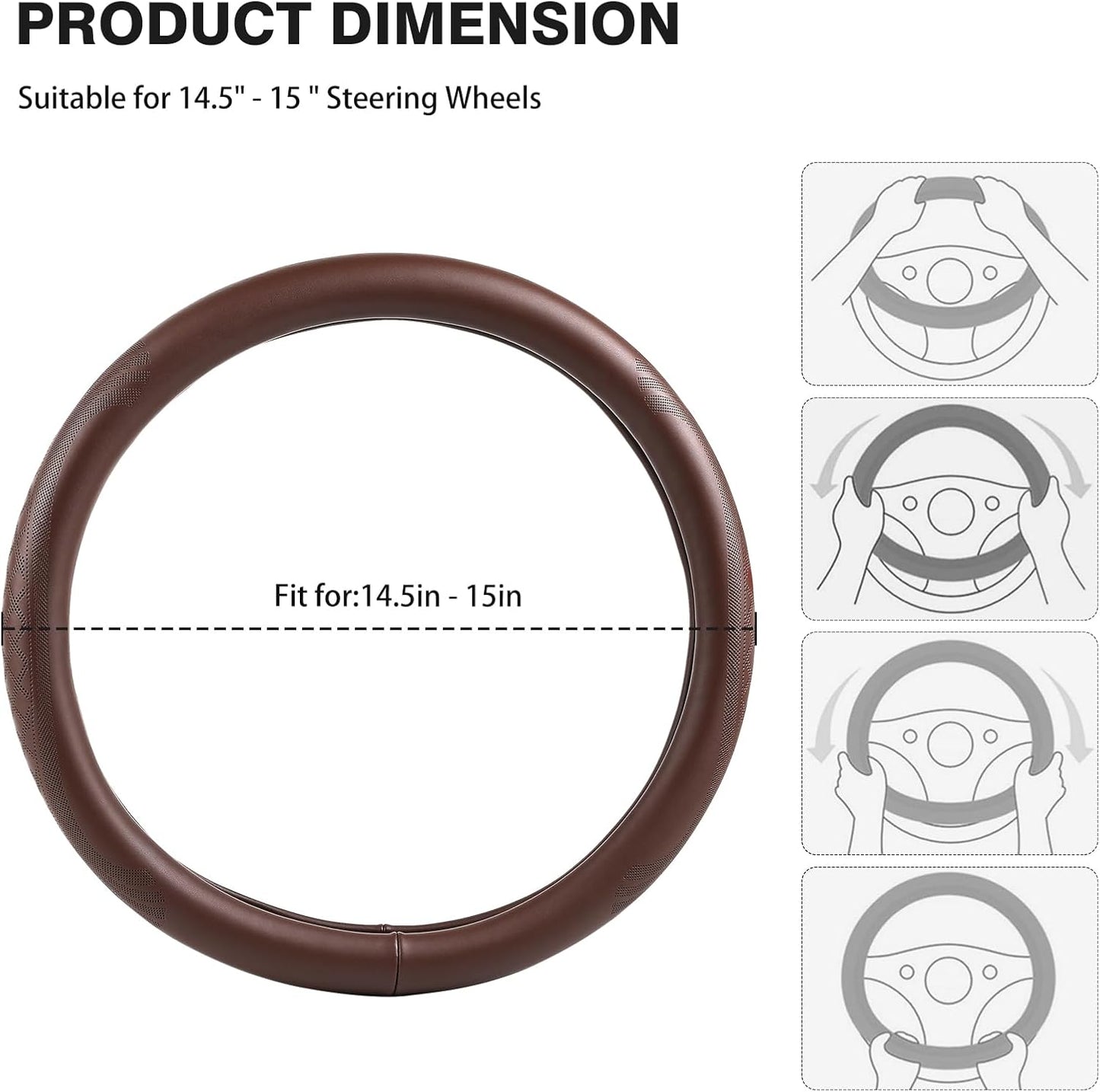 【2025 Model】 High-Grade Real Cowhide Steering Wheel Cover for Men Women，Brown Genuine Leather Steering Wheel Cover for Cars,Universal 14.5-15 inch Steering Wheels,Grid & Square Motif