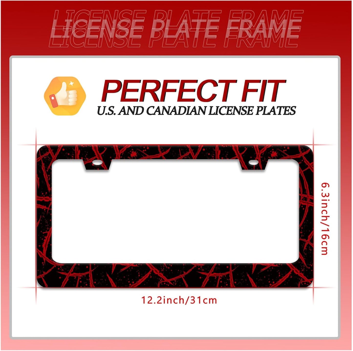Blood Splattered License Plate Frame Funny Bloody Scar License Plate Frames for Car Decorative Parts Stainless Stee License Plate for Standard Us Canada License Plate Holder 12x6 Inch