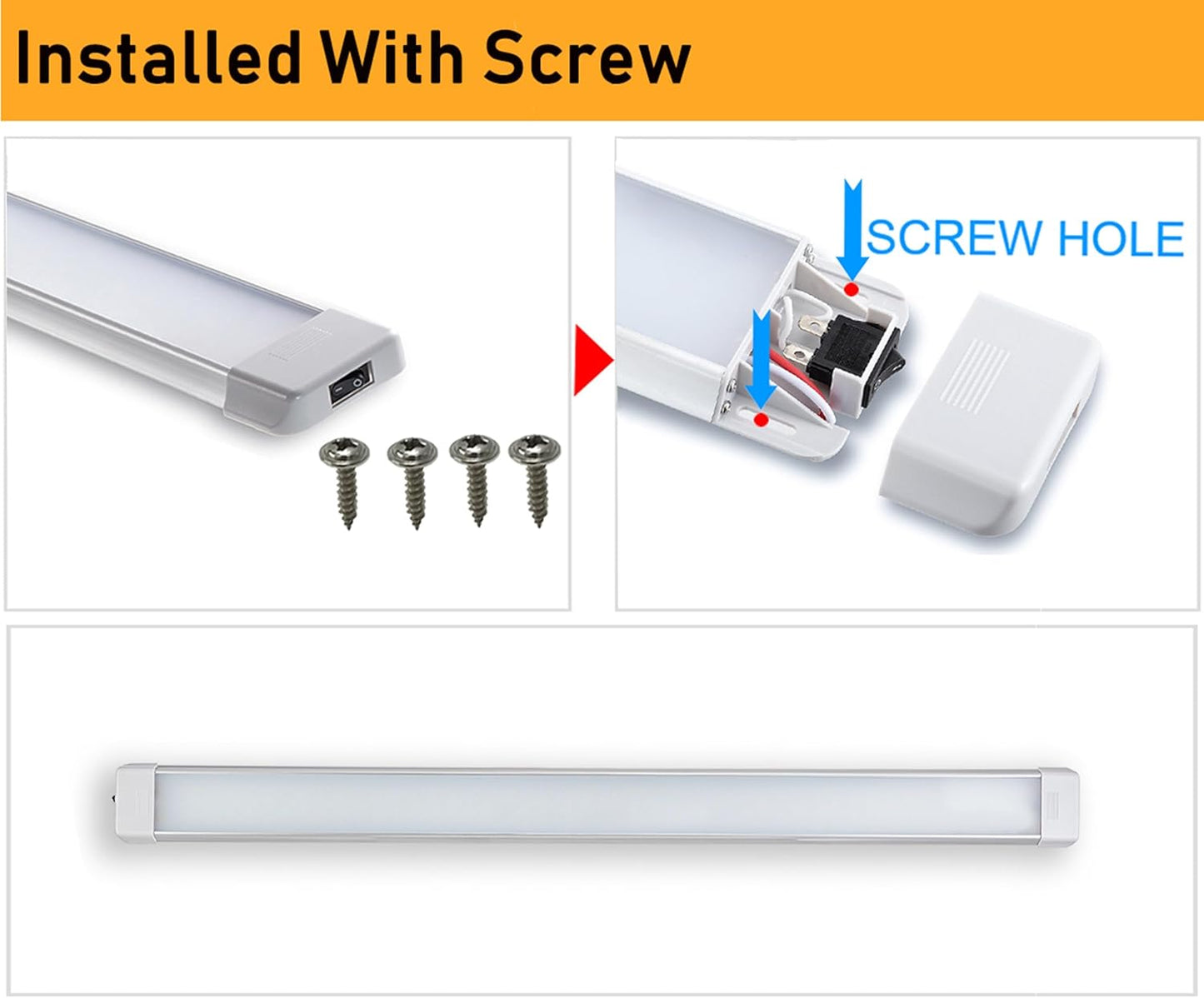 LED Interior Utility Light Fixture 38.2" x 2.6", High Lumen-Output Low Current Draw Energy Efficient, Frosted Lens 6000K Cool-White Even Diffused Beam, On/Off Rocker Switch 12V-24V DC, 1-Pack