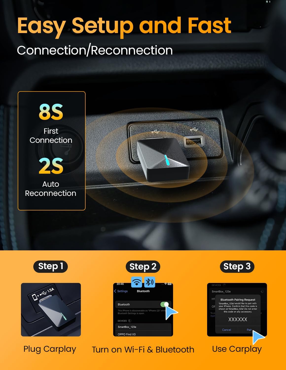 Pop'sDone Wireless CarPlay Adapter, Convert Wired to Wireless CarPlay 0 Delay, Plug & Play, WiFi 6 & Bluetooth 5.0, Compatible with iPhone/iOS 10+ & Android 11+, Supports OTA Updates