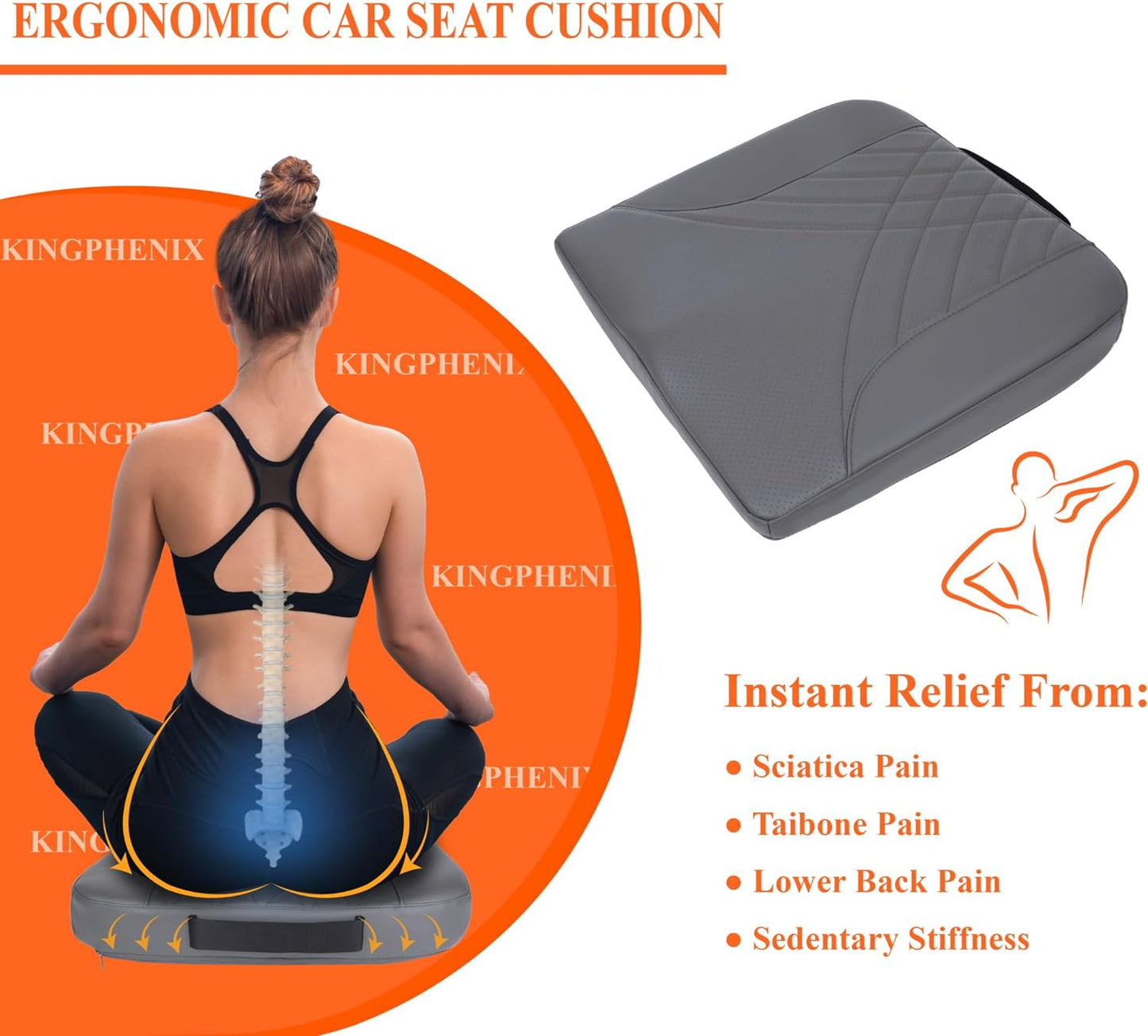 kingphenix Premium Car Seat Cushion, Memory Foam Driver Seat Cushion to Improve Driving View- Coccyx & Lower Back Pain Relief- Seat Cushion for Car, Truck, Office Chair (Dark Grey)