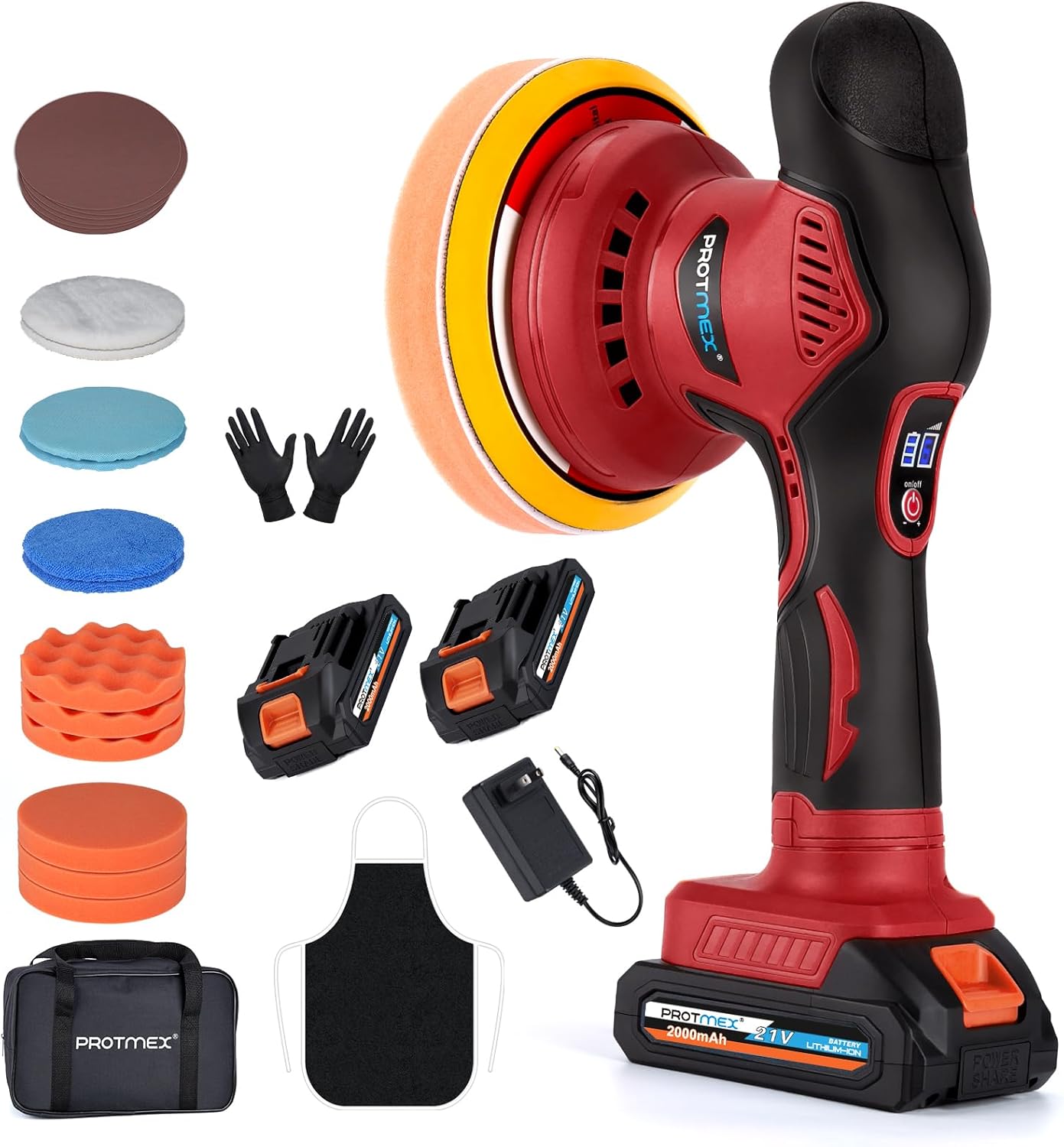 Cordless Car Buffer Polisher w/ 2x2000mAh 21V Batteries, 6 Inch Car buffer Waxer Kit, Car Polishing Machine w/ Extra 18 PCS Attachments & 6 Variable Speed, Car Buffer Polisher for Car Detailing (Red)