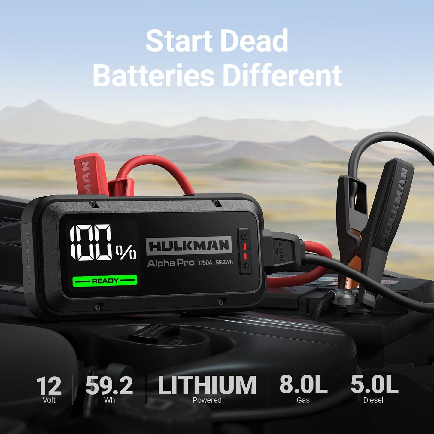 Hulkman Alpha Pro Solid Black, 1750A 59.2Wh Car Jump Starter Portable, High-Capacity Battery Booster & Jumper Cables, 3.3" Display Jump Box, PD65W in&Out, 12V Battery Pack for 8.0L Gas/5.0L Diesel