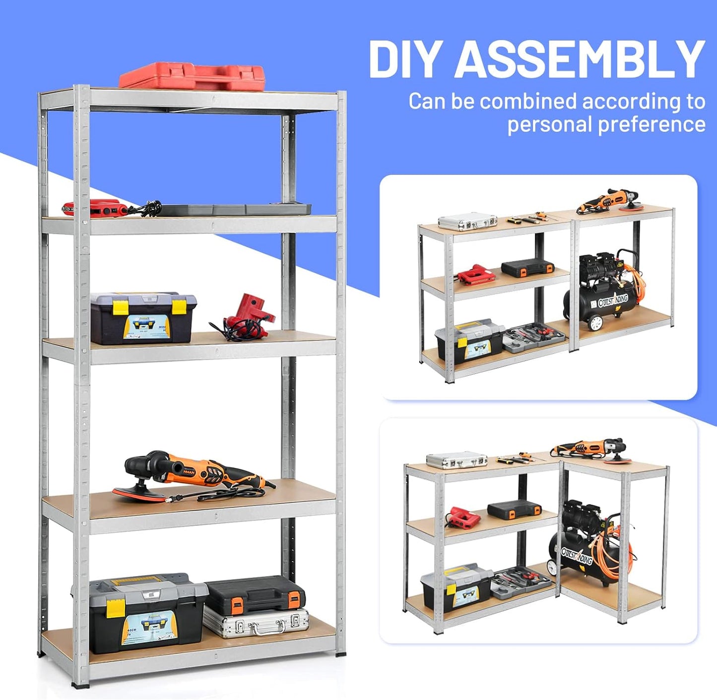 ERGOMASTER 5 Tier Utility Shelves Rack Garage Heavy Duty Steel Metal Shelving Unit with Adjustable Design, Bolt-Free Assembly & 385 LBS Wight Capacity Per Tier (1, Silver)