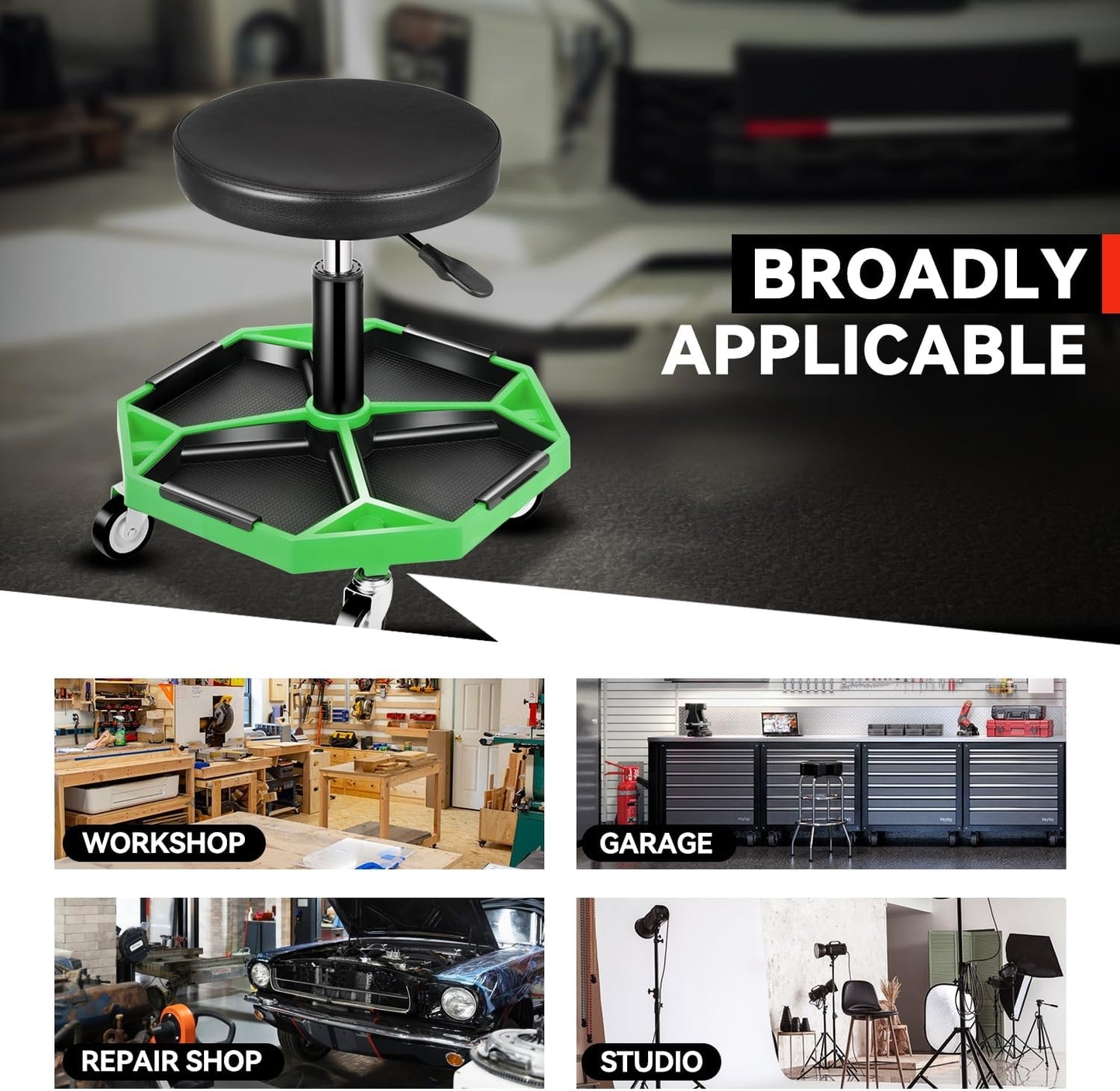 Auto Dynasty Mechanic Stool, Adjustable Rolling Pneumatic Creeper Garage Shop Seat with Tool Tray, 300 LBS Roller Seat for Workshop Auto Repair, Adjustable Height 15.7" to 21", Green