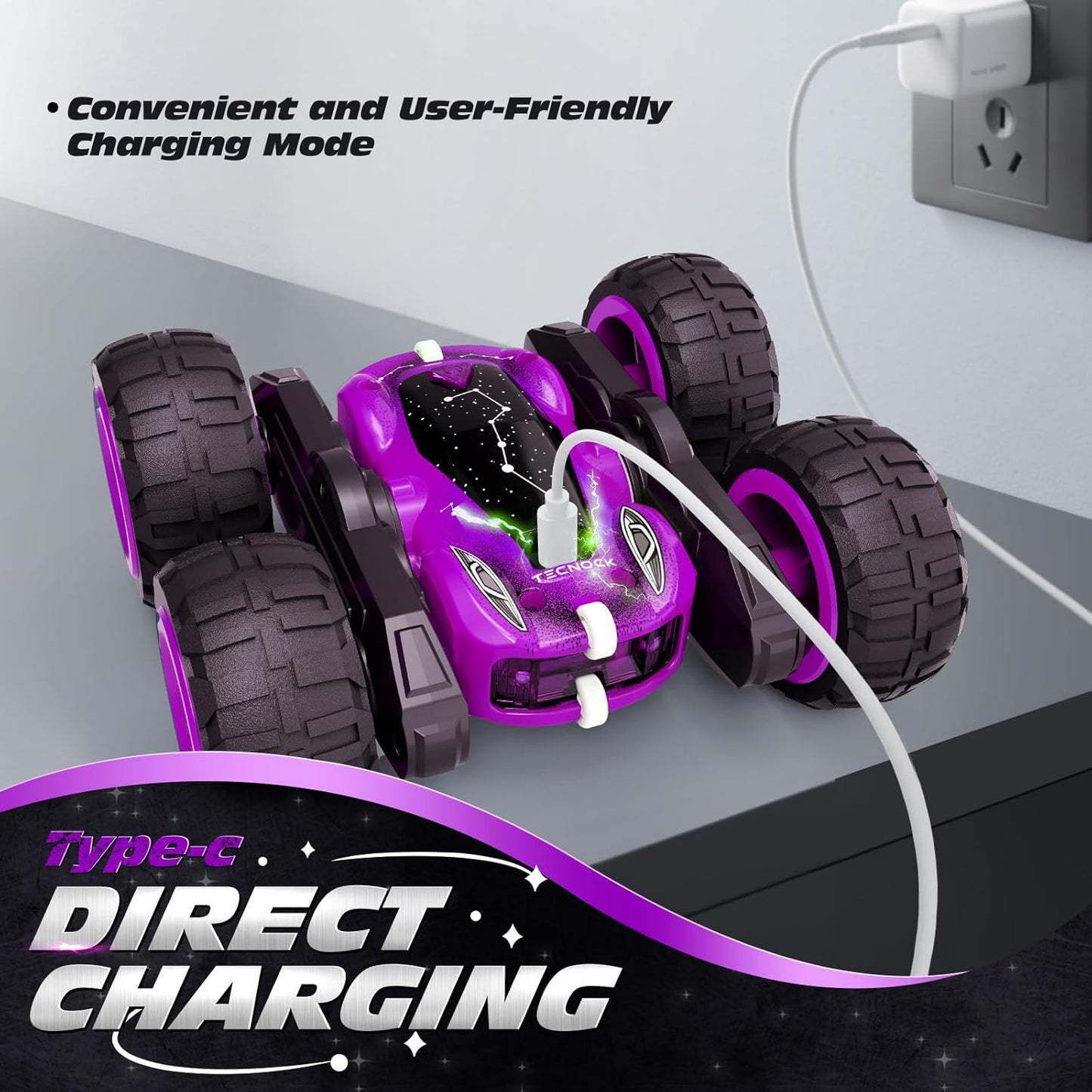 Tecnock Remote Control Car for Kids, 2.4GHz RC Cars with USB-C Easy Charging, 4WD Double Sided 360° Rotates and Flips RC Stunt Car, Toys Gift for Boys and Girls