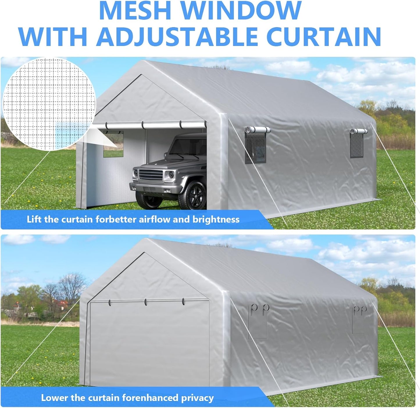 Carport 13x21ft Heavy Duty Large Outdoor Storage Shed with Roll-up Windows, Portable Garage w/Removable Sidewalls & Doors, Car Canopy Tent w/Sandbags & Tarp for Car Boat Truck