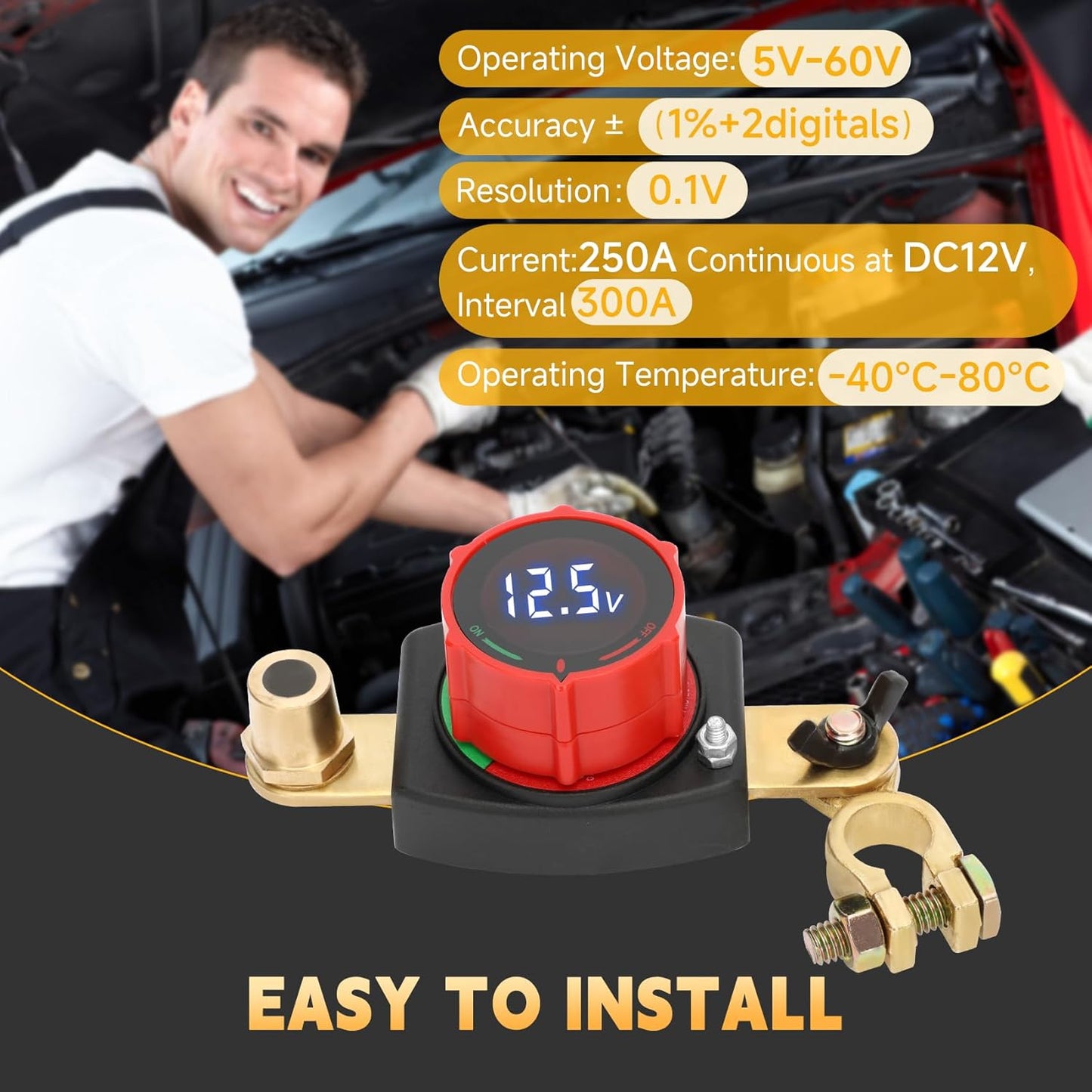 Top Post Battery Disconnect Switch with Voltmeter, DC 5-60V Battery Kill Switch Master Isolator On Off Kill Switch Power Cut/Shut Off Switch for Boat Car RV Truck Camper Trailer