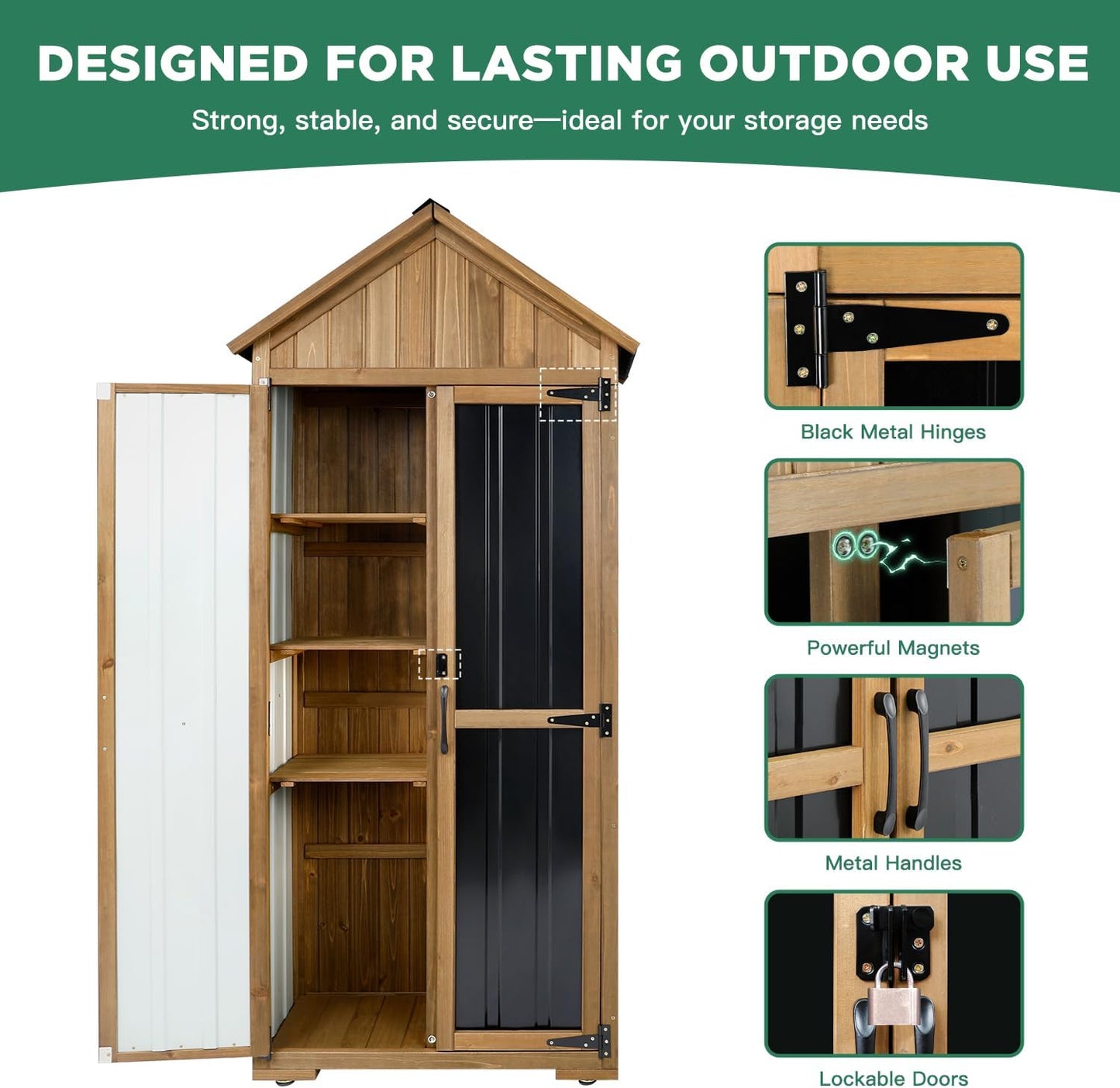 Outdoor Storage Cabinet – Weatherproof Wood & Metal Storage Shed with Adjustable Shelf, Lockable Doors, and Stability Features for Garden, Patio, and Backyard, 27 1/2”x 13”x 67” (Brown+Black)