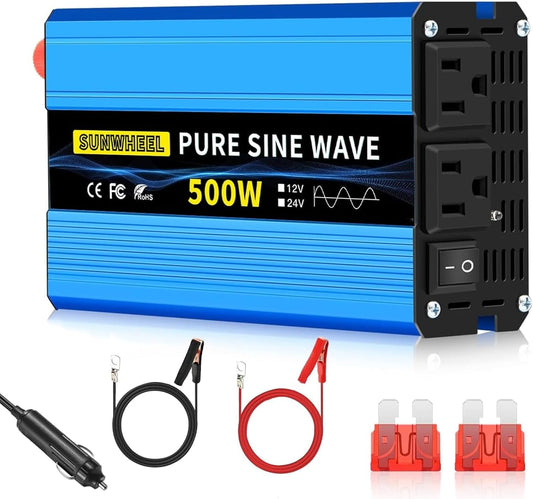 SUNWHEEL 500W 24V Pure Sine Wave Inverter, DC 24V to AC 110V/120V Car Power Inverter, Peak Power 1000W Car Plug Adapter Outlet Converter with Dual AC Sockets and LCD Display