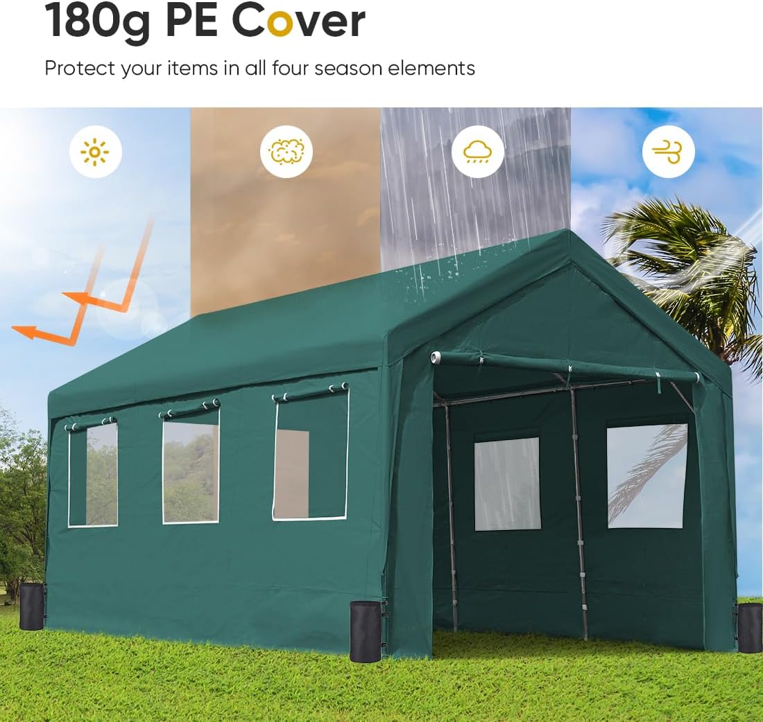ADVANCE OUTDOOR 12x20 ft Car Canopy Garage Heavy Duty Carport Boat Shelter Party Tent, Adjustable Peak Height from 9.5ft to 11ft, with Removable Window Sidewalls and Doors, Green