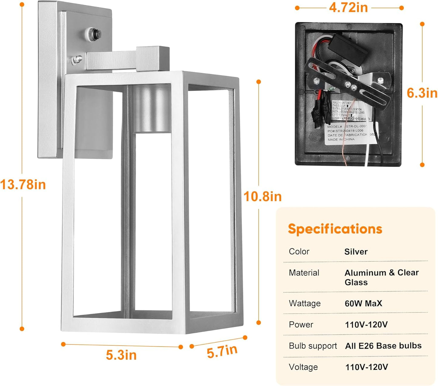 PARTPHONER Silver Dusk to Dawn Porch Lights Fixtures Wall Mount, Sensor Exterior Lighting Lamp set of 2, Anti Rust Wall Sconce, Waterproof Outdoor Wall Lantern for House Doorway, Garage, WTWL176AS2