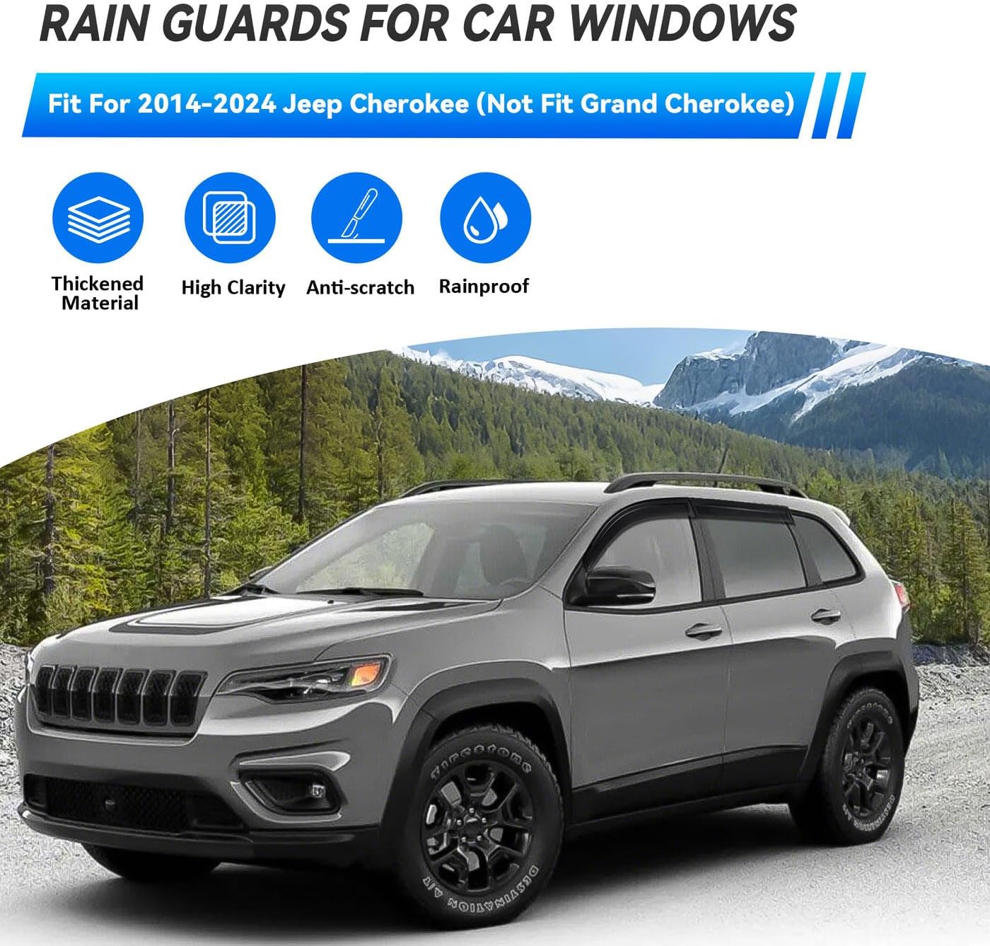 4pcs Front+Rear Smoke Tint Sun/Rain Guard Compatible with 2014-2024 Jeep Cherokee Outside Mount Tape-On Vent Window Visors