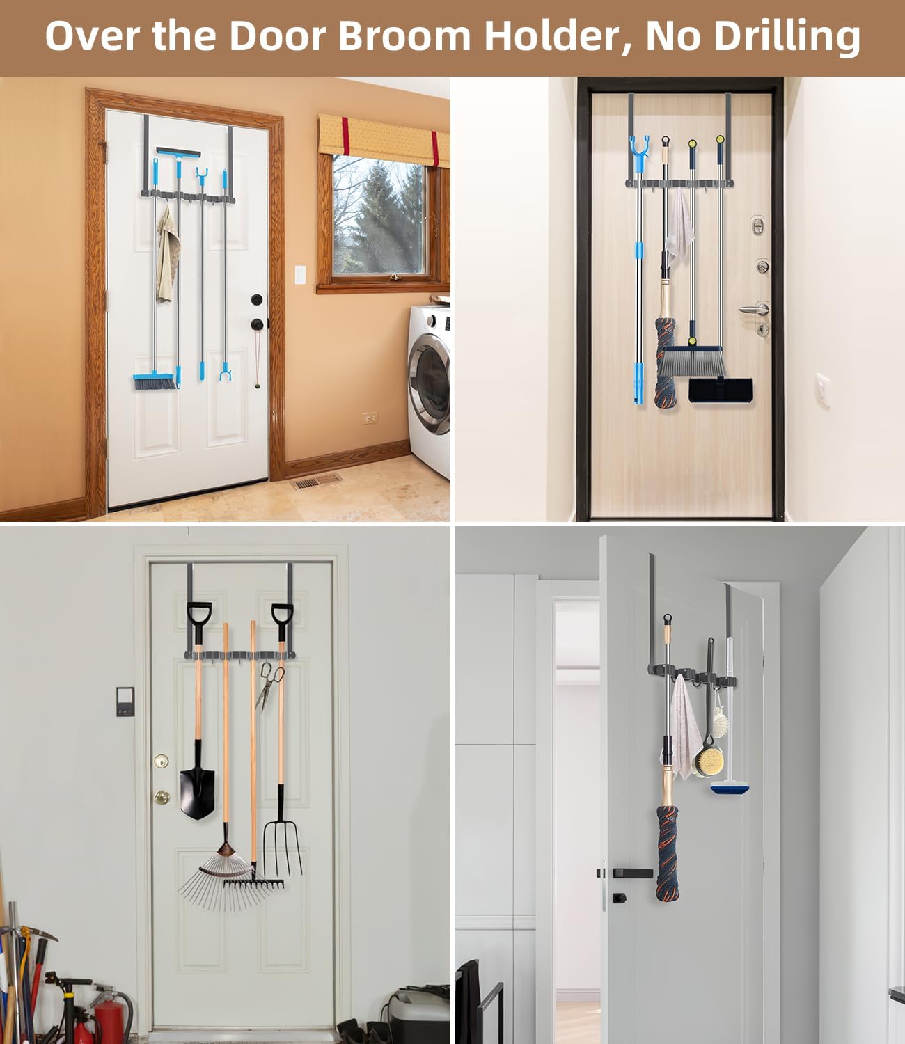 Broom Holder Over The Door-304 Stainless Steel Mop and Broom Holder Wall Mounted or Hanging Over The Door with Hooks - Broom Hanger, Tool Organizer for Garage Closet Laundry Kitchen-Space grey