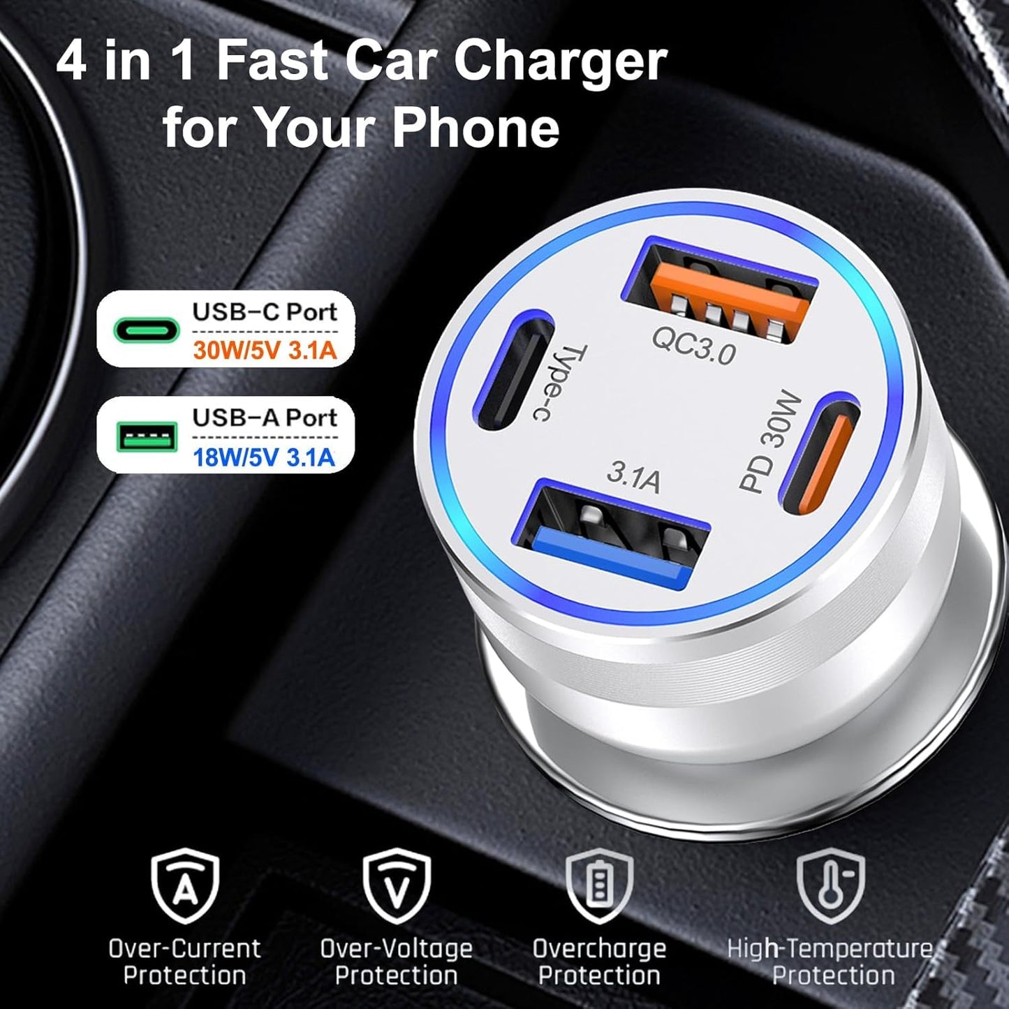 [2-Pack] Car Charger USB C, 4 in 1 65W Fast Charging 4-Port Dual USBC & USB A Car Phone Charger Cargador Carro Lighter Adapter for iPhone 16e 16 15 14 13 12 Pro Max, iPad, Samsung,Tablet, Android