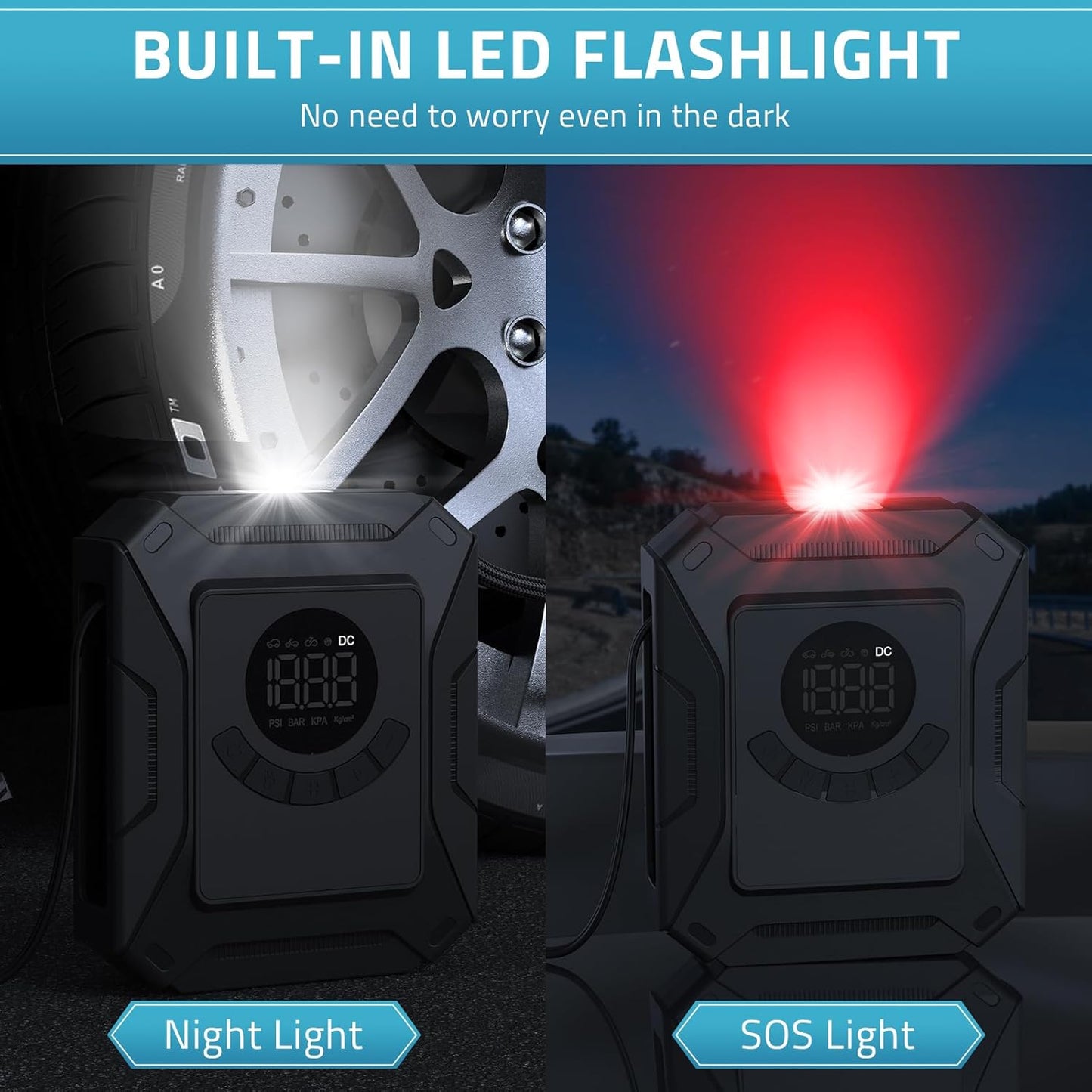 PAULINN Tire Inflator Air Compressor 12V DC Portable Air Pump 150 PSI for Car Tires, Auto Tire Pump with Digital Pressure Gauge, Auto Shutoff & LED Light for Cars, Motorcycles, Bikes & Balls, Black