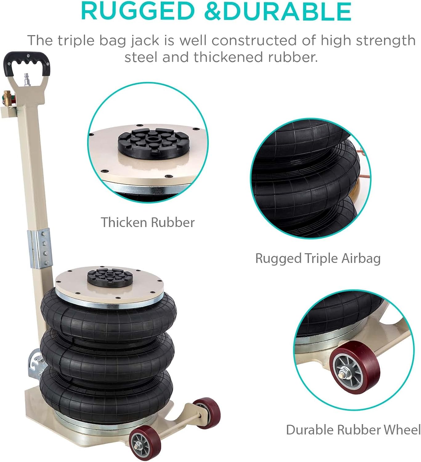 CXRCY 5 Ton Air Jack for Cars & Trucks - 11000LBS Capacity Pneumatic Airbag Jack with Adjustable Long Handle, Fast Lifting up to 16 Inch for Cars,Trucks(White Triple Bag Air Jack)