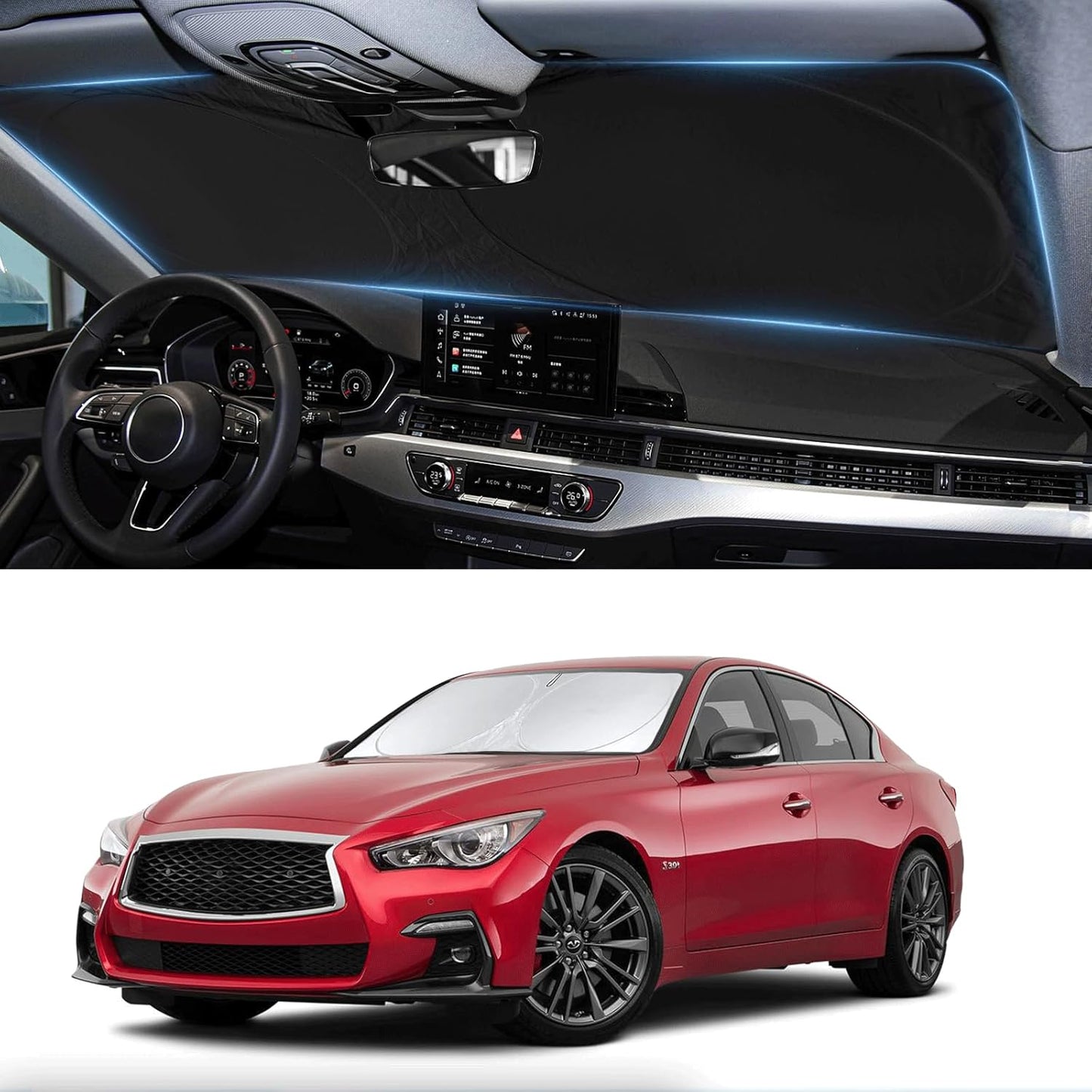 Custom Fit Infiniti Q50 Windshield Sunshade for 2014-2024 2025 Q50 for Infiniti Front Window Shades Cover for Windshield Sun Visor Protector 210T Reflector Blocks UV Rays Cooler Car Accessories