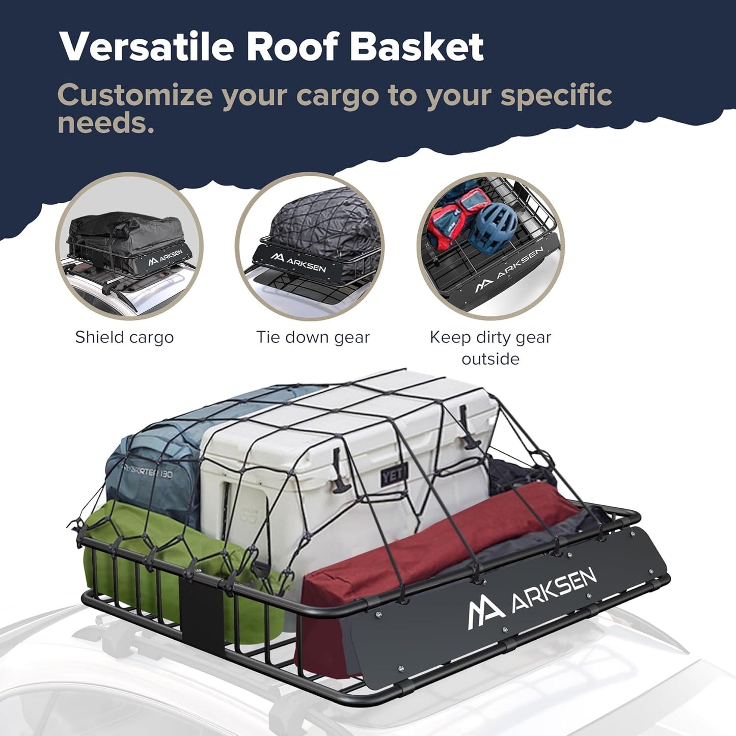 ARKSEN 43 x 50 x 6 Inch Universal Extra Wide 150LB Heavy Duty Roof Rack Cargo with Cargo Net, Car Top Luggage Holder Carrier Basket for SUV, Truck, & Car Steel Construction