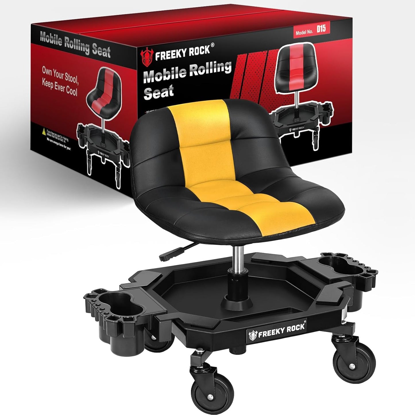 Rolling Stool with Wheels, Adjustable Height Pneumatic Garage Work Mechanic Stool Seat with Backrest, 400 LBS Capacity 360° Swivel Mechanic Crepper Chair with Tool Tray Storage, Yellow