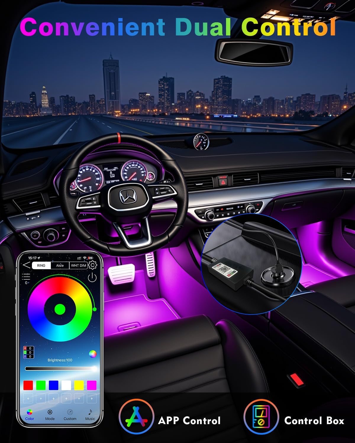 Car Led Strip Lights, RGB Truck Interior Lights with App Control, Under Dash Footwell Automotive Led Light Strip, Car Ambient Lighting (1set)