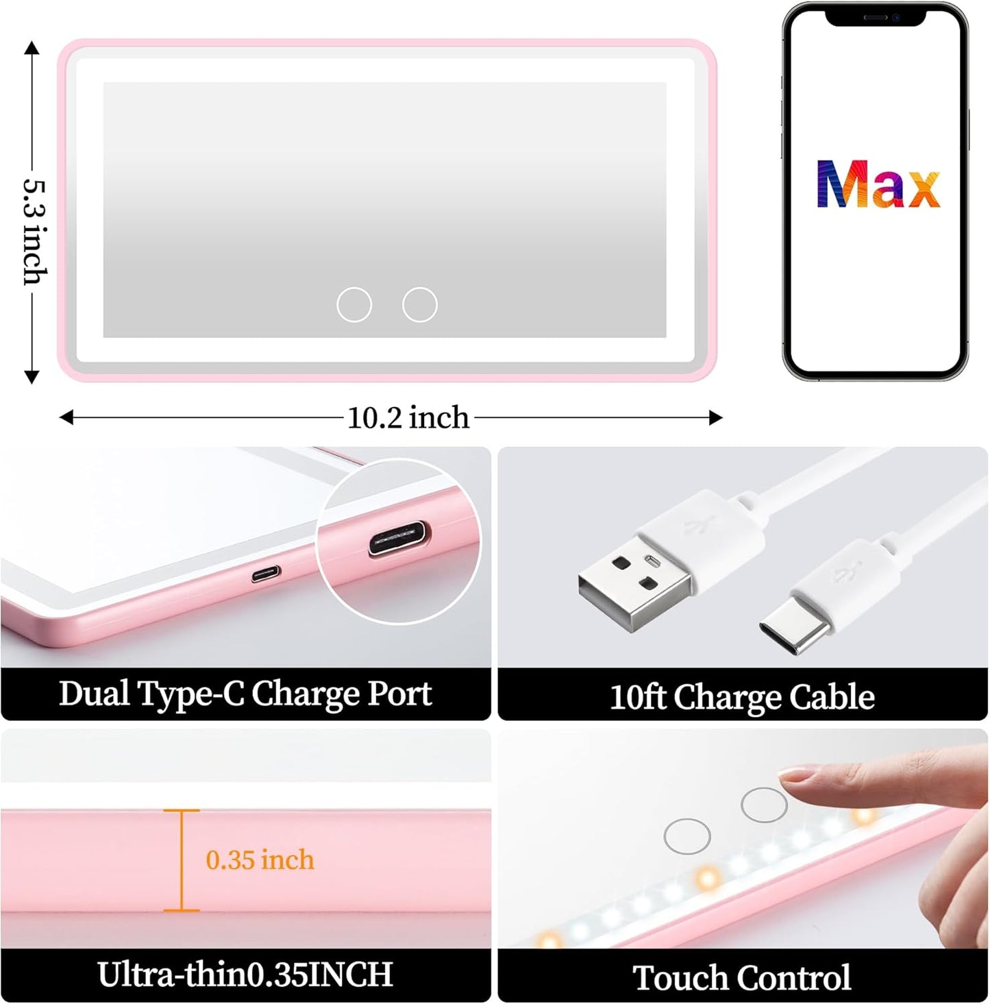 Car Sun Visor Vanity Mirror with Lights, Pink Rechargeable Car Makeup Mirror Accessories, Birthday Gifts for Women Girl, 3 Light Modes, Dimmable Touch Led Screen, Universal for Car Truck