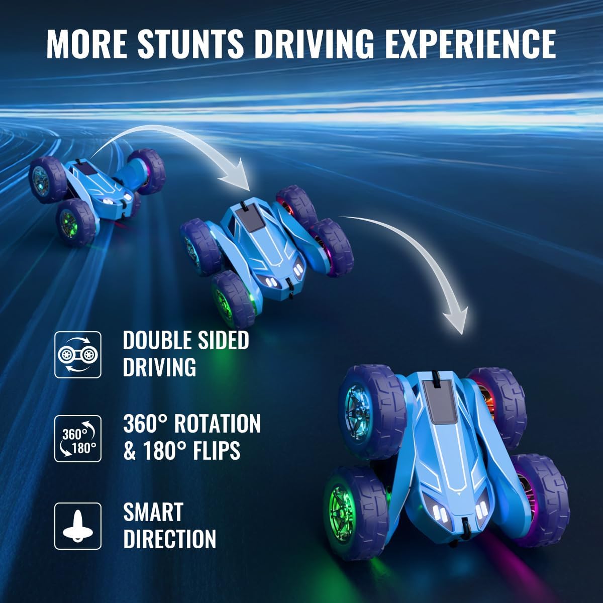 MaxTronic Remote Control Car, Rechargeable RC Cars & Remote - 20km/h Double Sided 360° Rotation Stunt Stunt Crawler with LED Lights for Boys Girls Aged 3-12