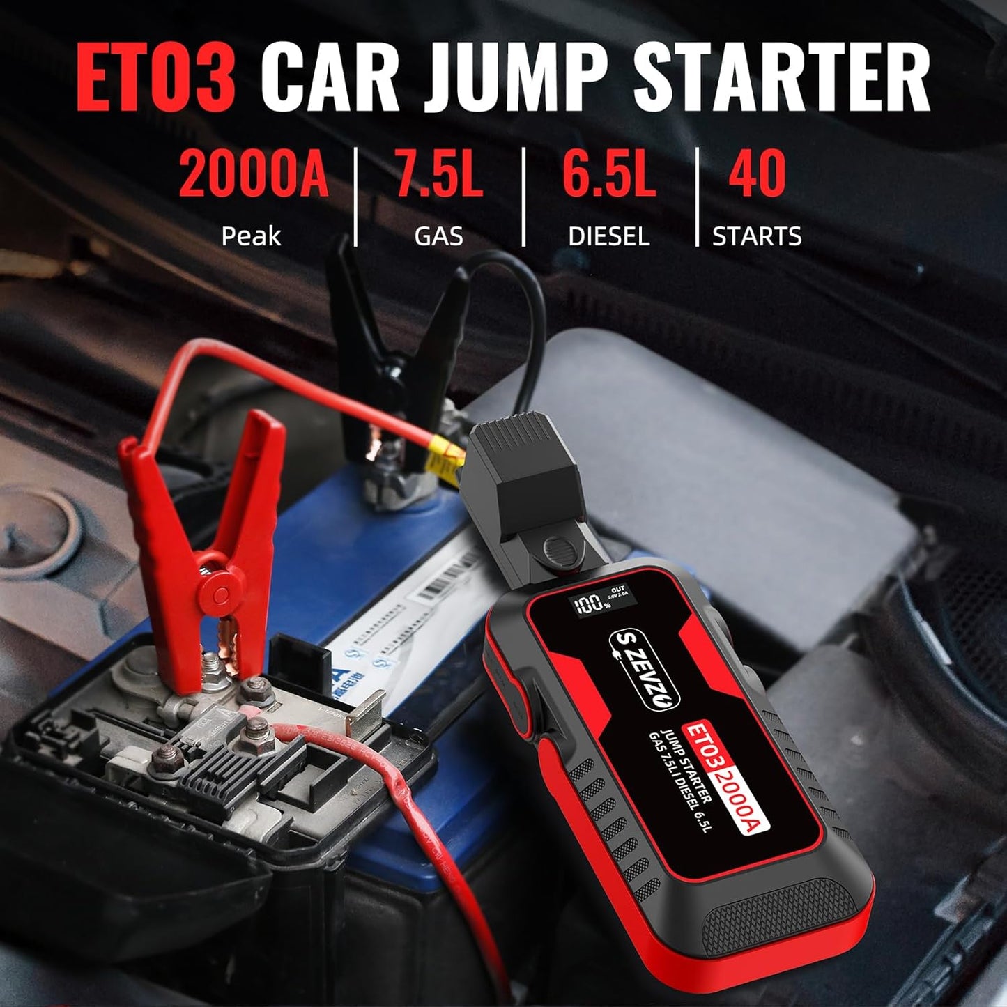 S ZEVZO ET03 Car Jump Starter 2000A Jump Starter Battery Pack for Up to 7.5L Gas and 6.5L Diesel Engines, 59.2Wh Portable 12V Jump Box with USB Ports, LCD Display, Storage Case, and LED Light