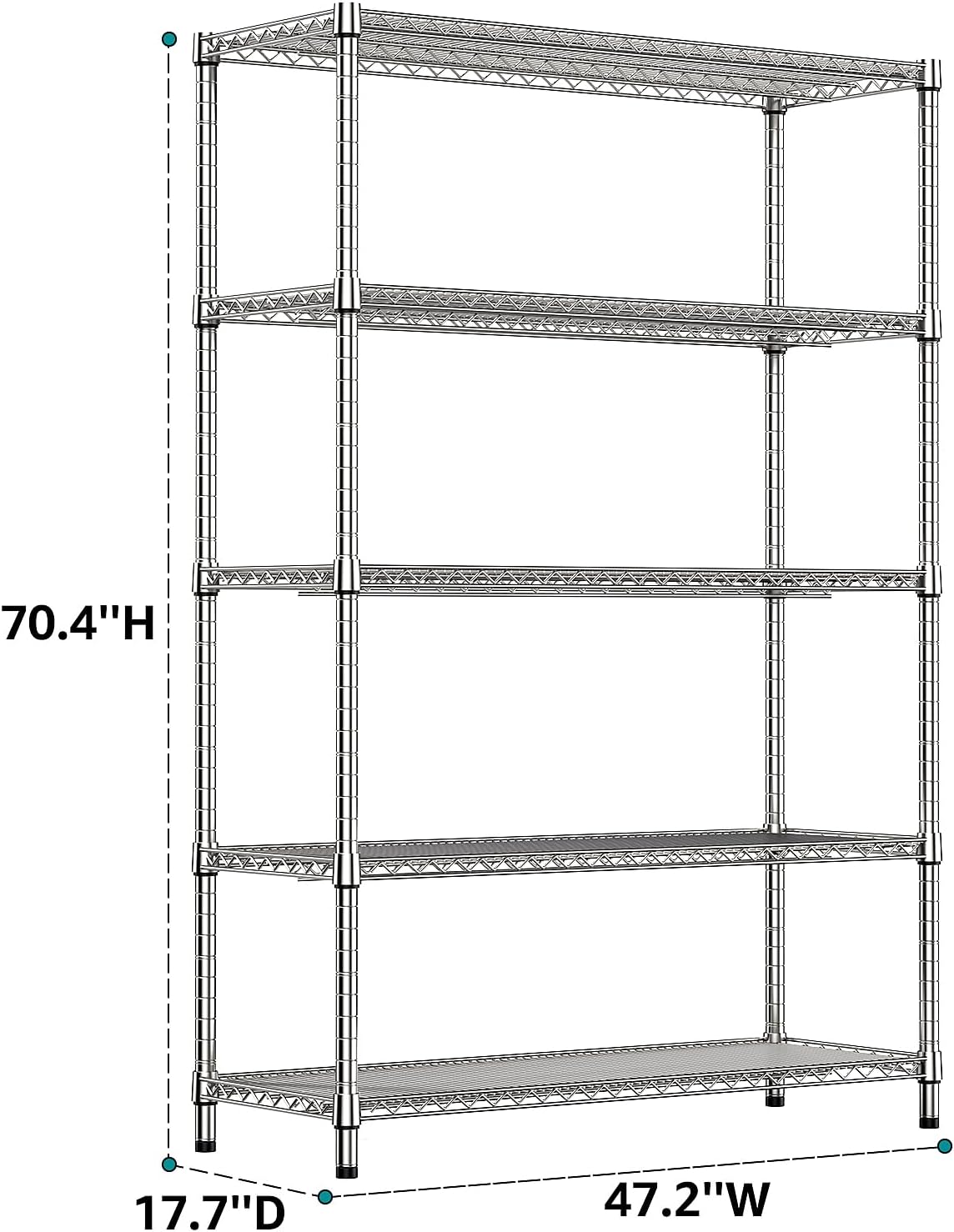 IZEUK 4250 LBS Garage Shelving Wide Storage Shelves 5 Tier Metal Shelves Heavy Duty Adjustable Utility Shelf Rack Chrome 17.7" D x 47.2" W x 70.4" H