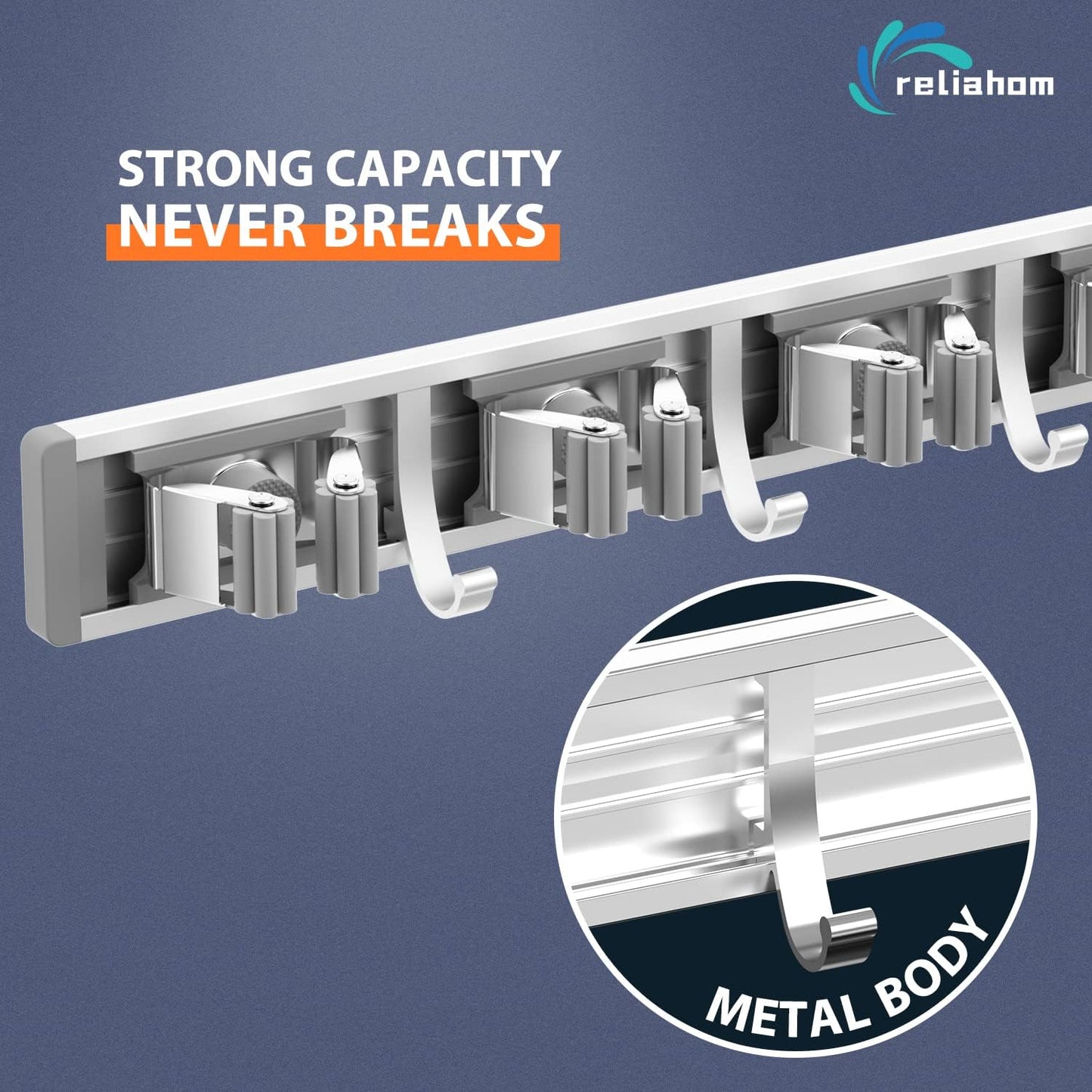 Broom Holder Wall Mount Mop and Broom Hanger Wall Mounted Garage Storage Rack Kitchen Garden Tool Organizer (5 Racks with 4 Hooks, Silver)