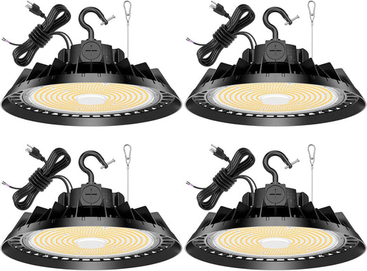 4Pack LED High Bay Lights, 150W UFO High Bay LED Shop Lights, 22500LM Adjustable CCT(5700K 5000K 4500K) & Power(150W 120W 80W), 0-10V Dimmable, 5' Cable Plug, IP65 Waterproof, ETL & DLC Listed
