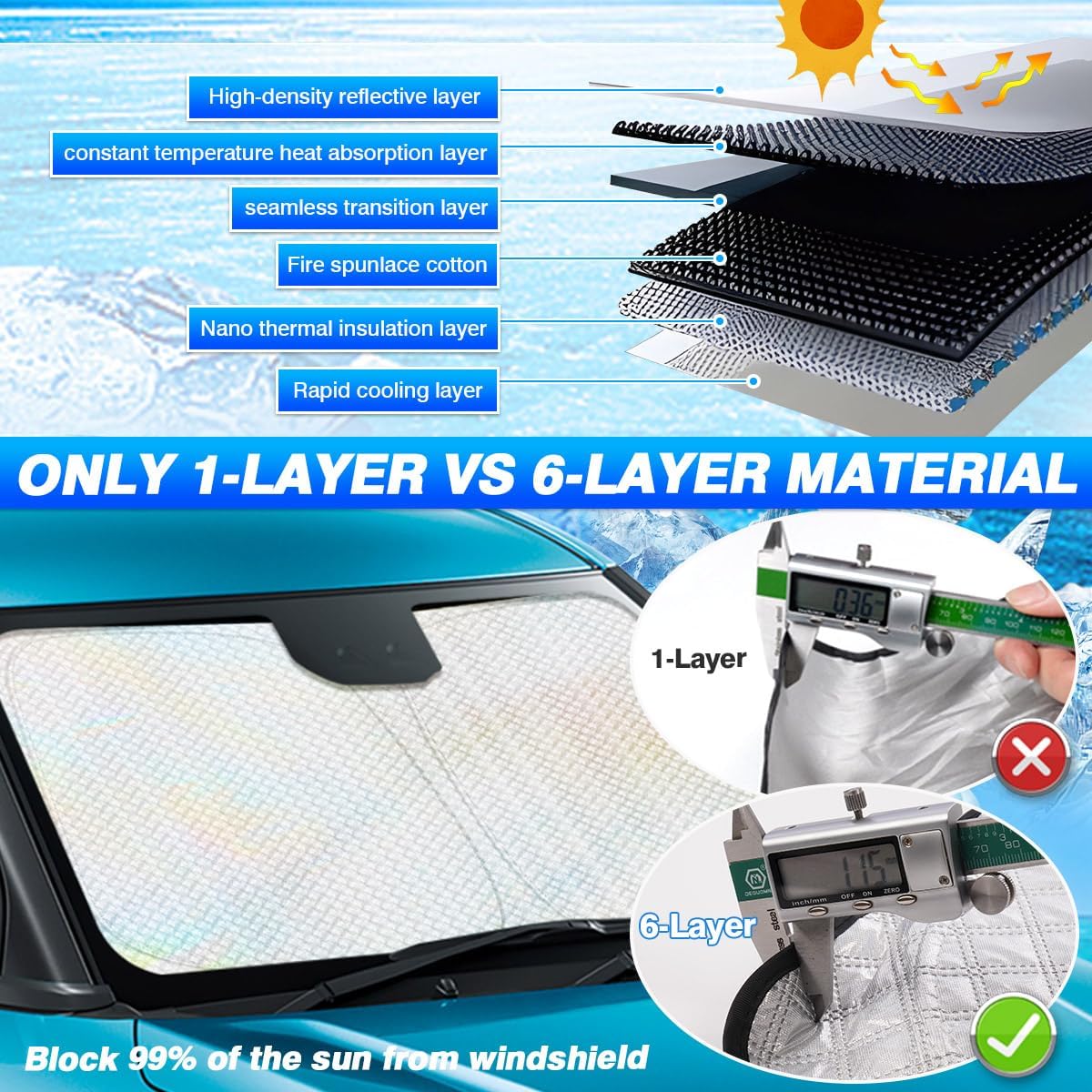 Windshield Sun Shade for 2021-2025 2026 Nissan Rogue (Not for Rogue Sport) Thicken 6-Layer Foldable Front Window Sunshade Cover Sun Visor Protector Block UV Rays Keep Vehicle Cool