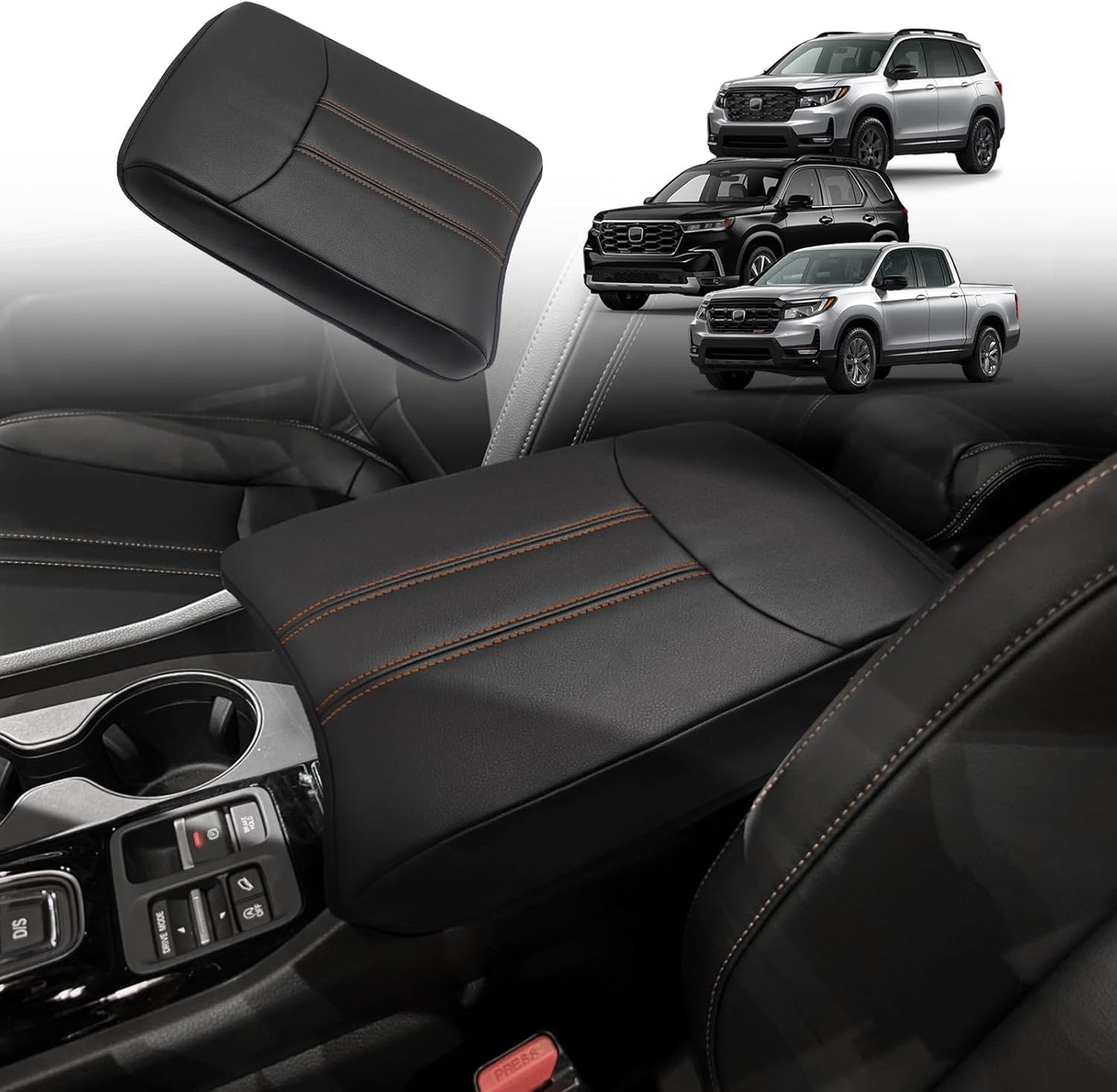 Muslogy Center Console Cover Compatible with Honda Pilot 2023 2024 2025, 2024-2026 Ridgeline/Passport Accessories Armrest Pad Lid Cushion Console Protector Vegan Leather Extra Soft(Black/Orange Trim)