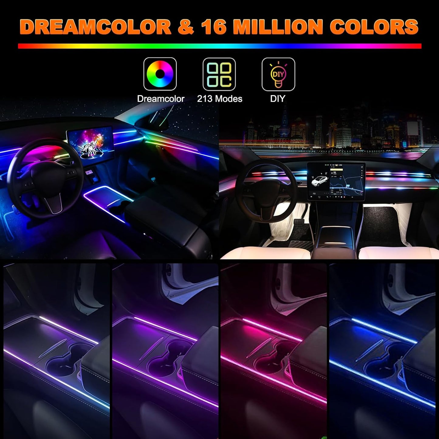 Interior Car LED Strip Lights, Acrylic LED Lights for Car with Dynamic Dreamcolor Chasing, Ambient Lighting Kits Music Sync Wireless APP and RF Remote Control (6 in 1)