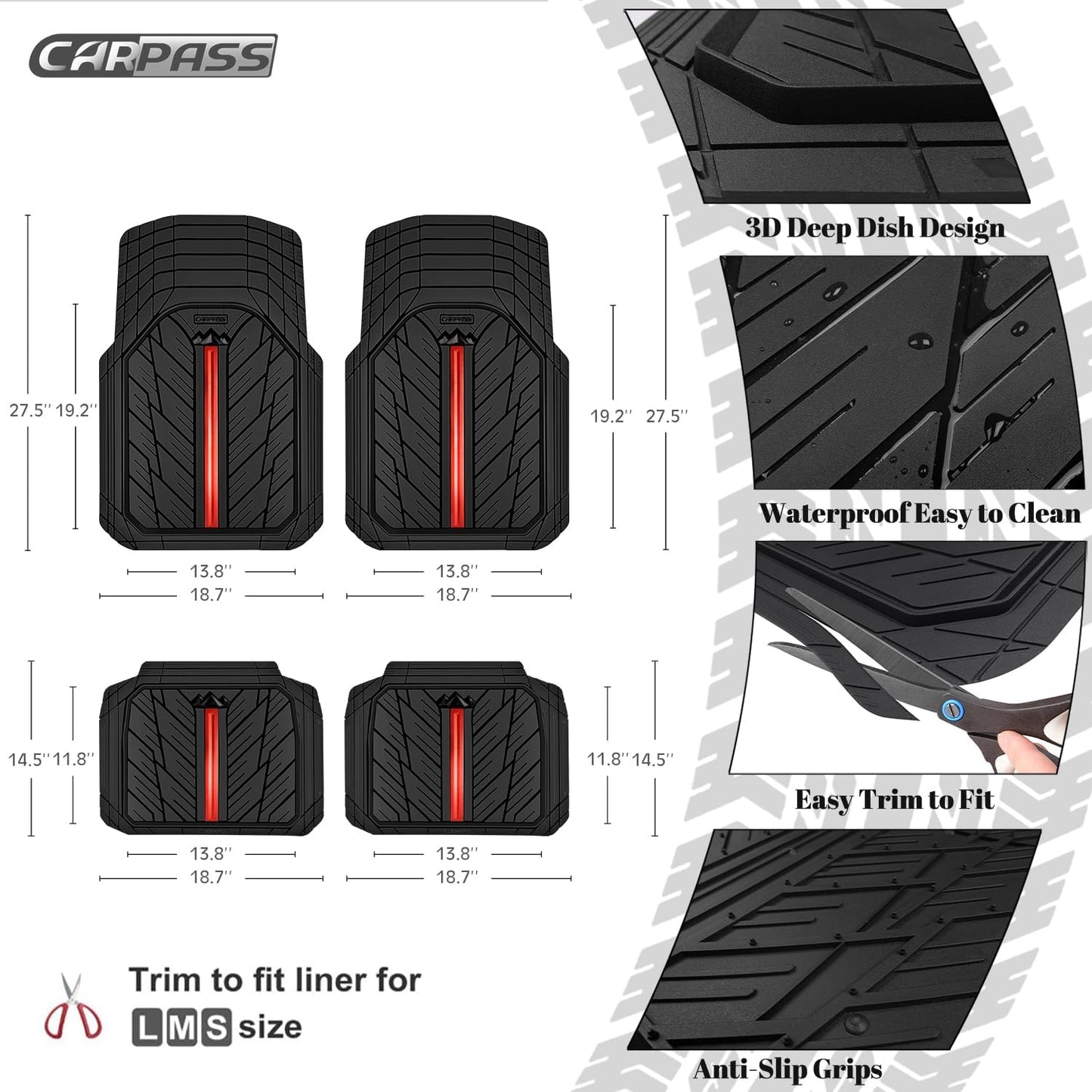 CAR PASS Metal Medium Rubber Floor Mats for car Heavy Duty car mats All Weather, Universal Trim to Fit for Truck SUV Vehicle Automotive Floor Mats, Waterproof car mats 4 Piece (Red Black)