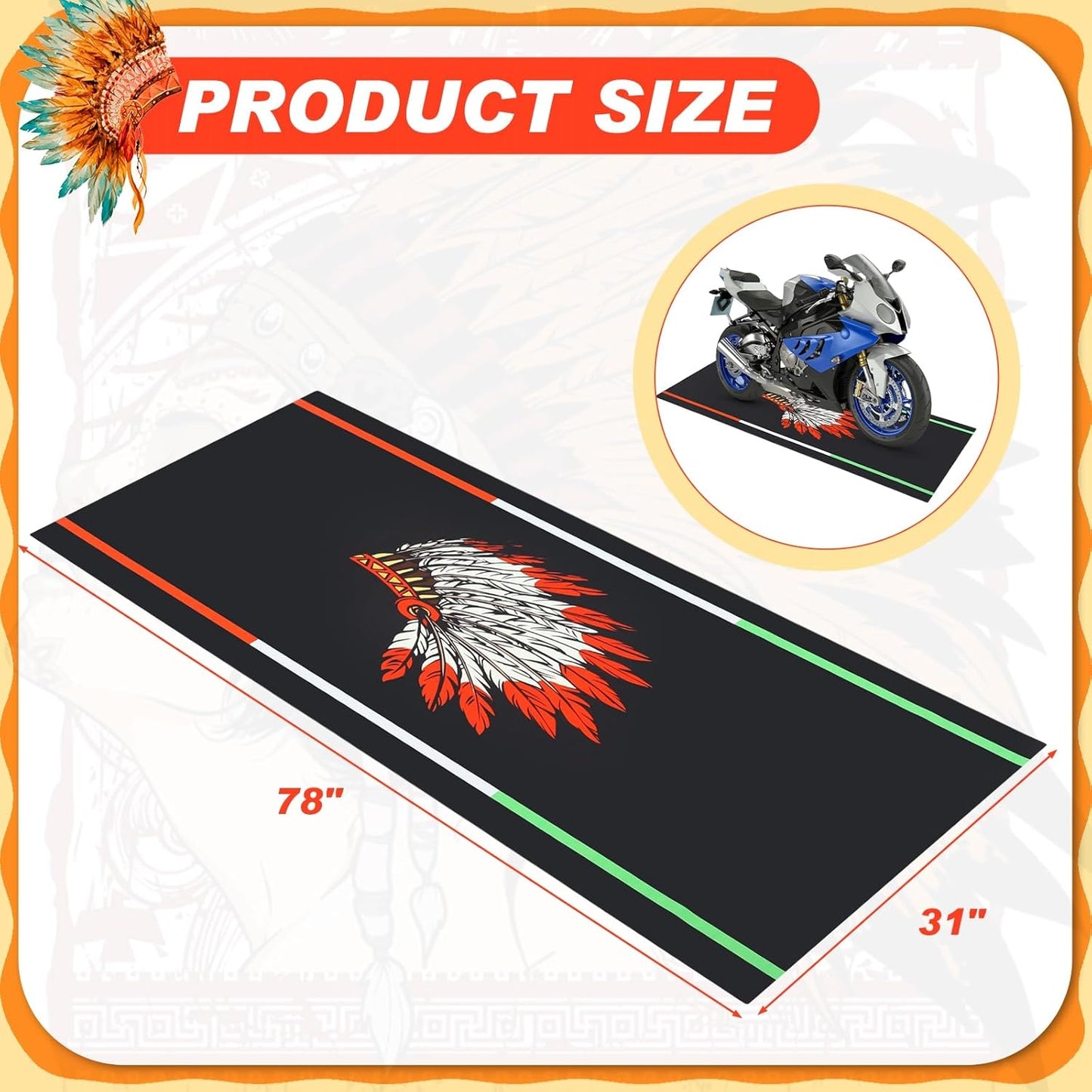 Motorcycle Mat 78 x 31 Inch Garage Floor Rug Washable Parking Mats for Garage Floors Non Slip Oil Absorbent Pad Rubber Backing Layer Protects Floor from Spills Drips Stains(Indian Style)